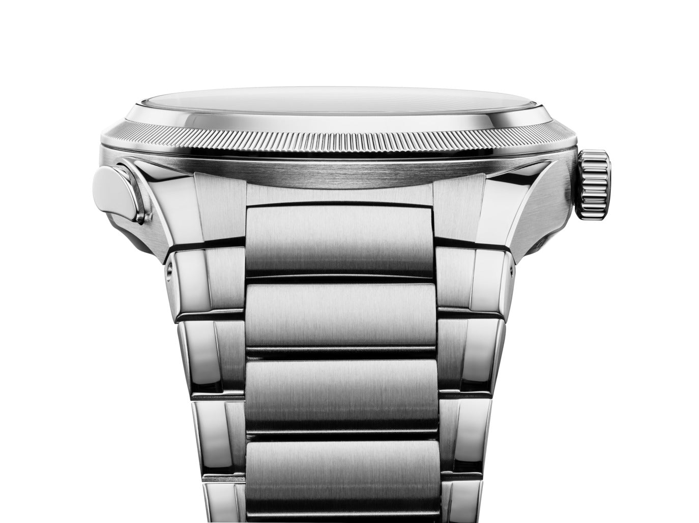 Silver watch with a detailed band on a white background