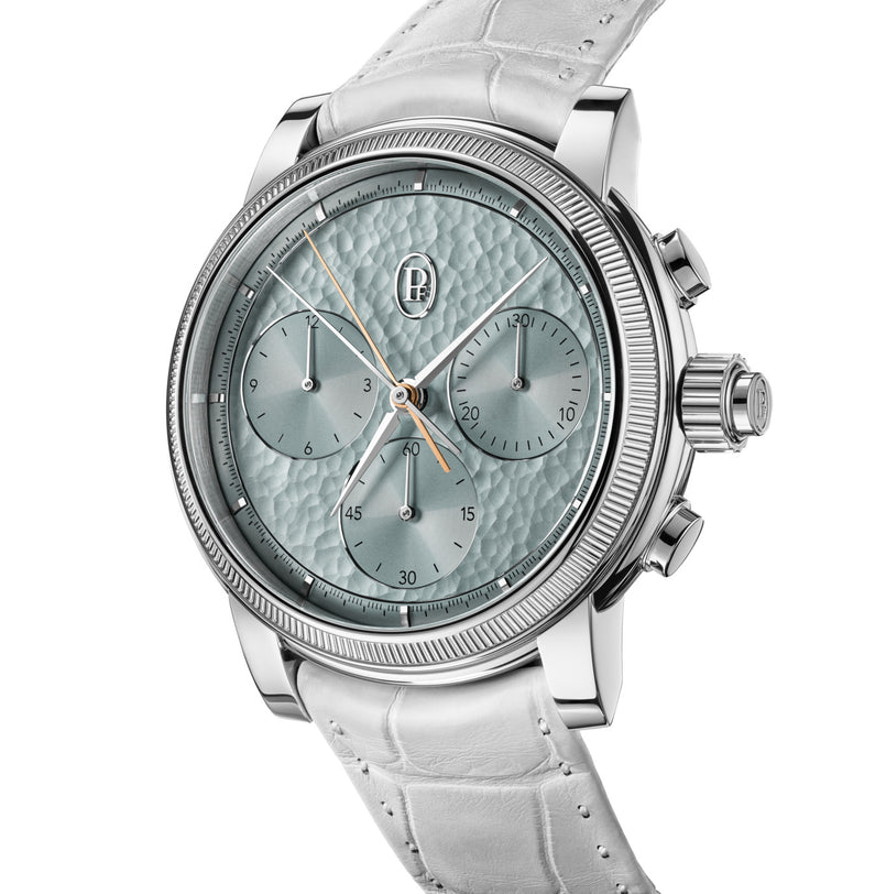 Luxury watch with silver case, white leather strap, and gray dial on a white background