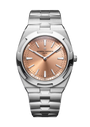 Stainless steel watch with salmon dial, silver hour markers, and matching metal bracelet.