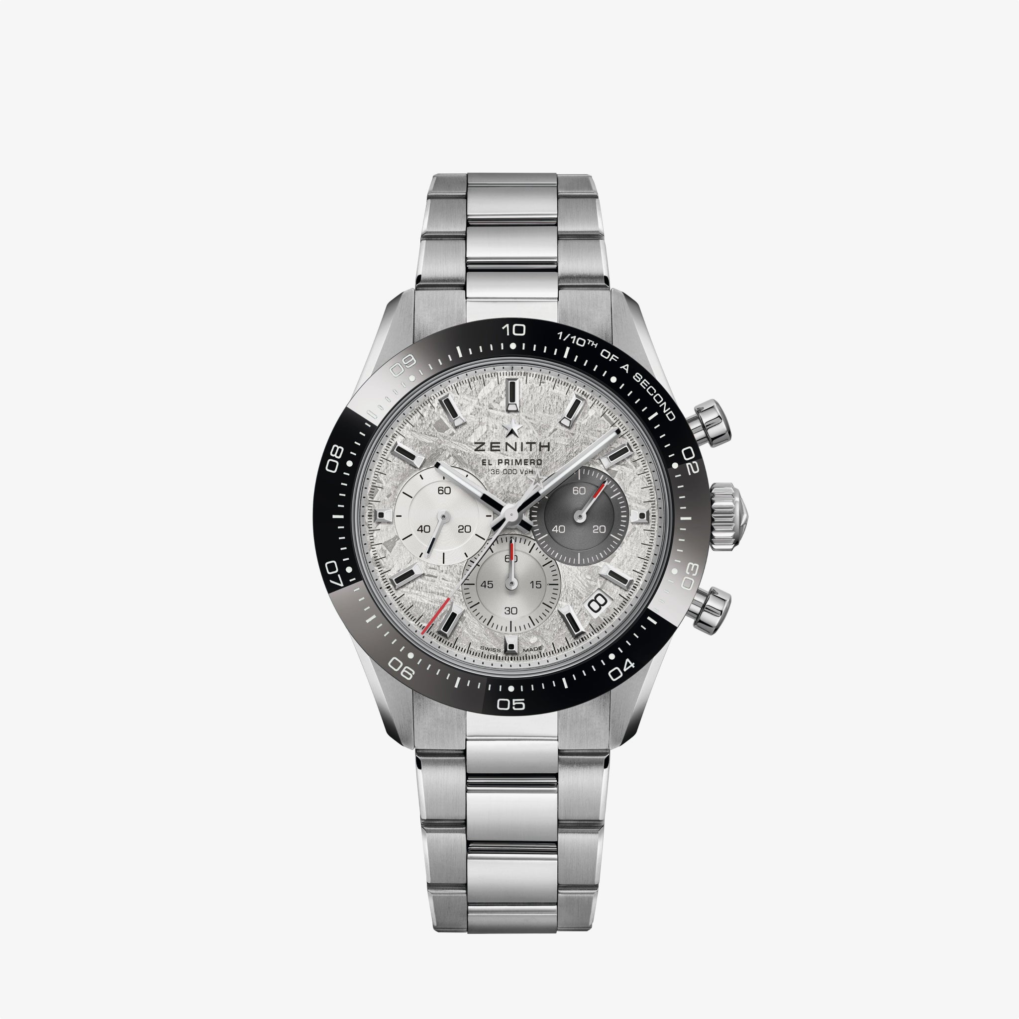 The Zenith Chronomaster Sport Meteorite is a stainless steel wristwatch with a meteorite dial, three subdials, black bezel, metal bracelet, and features luminescent hands and markers in a high-frequency automatic chronograph.
