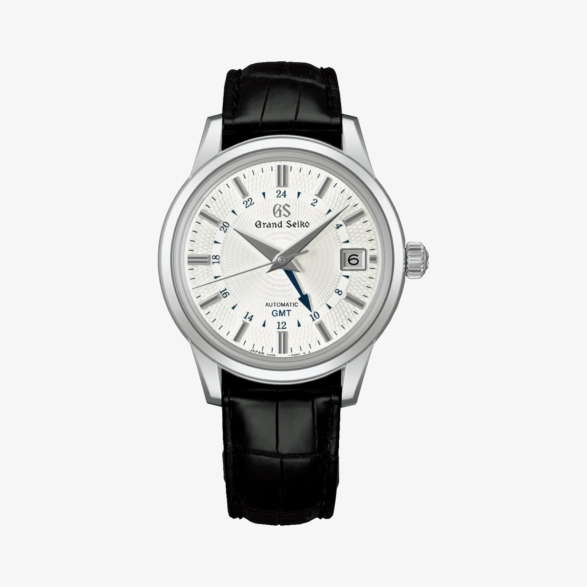 The Grand Seiko Automatic Mechanical GMT features a Zaratsu-polished case, silver dial, black leather strap, date window at 3 o’clock, blue GMT hand, silver hour markers with 24-hour markers and the Grand Seiko logo.