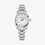 Silver watch with a white face on a light gray background