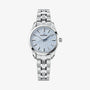 Silver watch with a light blue face on a white background
