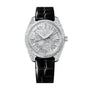 Silver tonneau watch with textured dial, applied hour markers, and black crocodile leather strap.