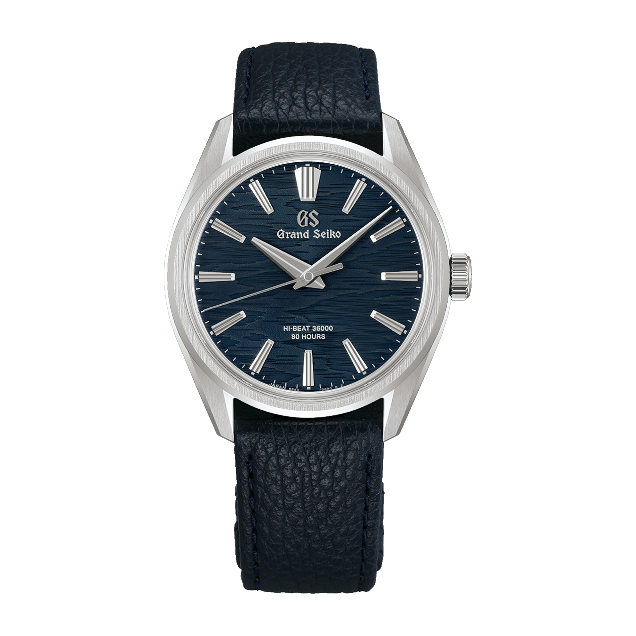 The Grand Seiko Manual Hi-Beat 36000 80 Hours SLGW007 Evolution 9 is a dress watch with a textured navy dial, silver markers and hands, silver case, and matching dark blue leather strap. The dial displays Hi-Beat 36000 and 80 Hours.