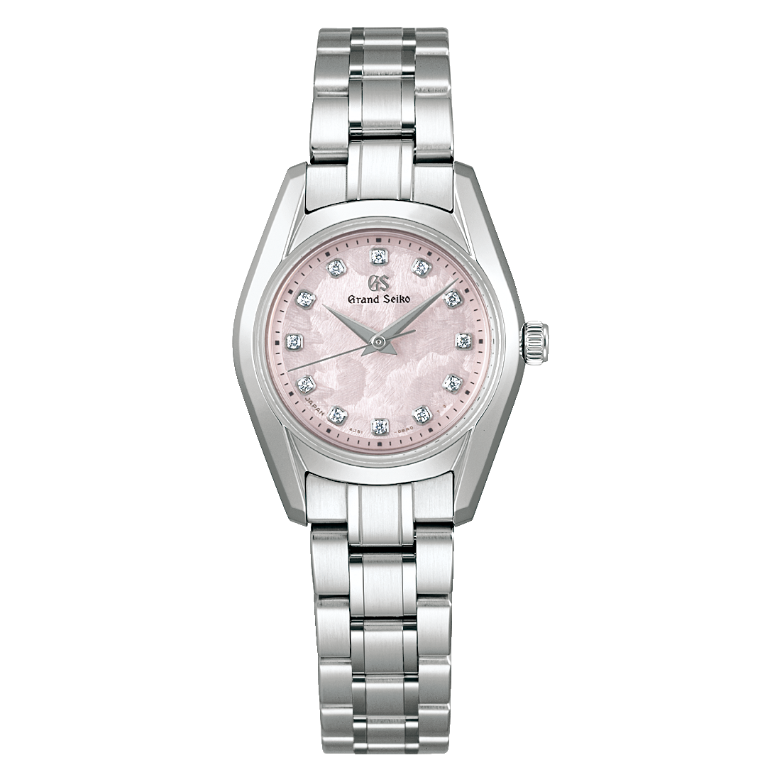 The Grand Seiko Ladies Heritage is a 26mm silver wristwatch with a stainless steel bracelet, light pink textured dial, diamond hour markers, and silver hands. This elegant quartz watch exudes timeless sophistication.