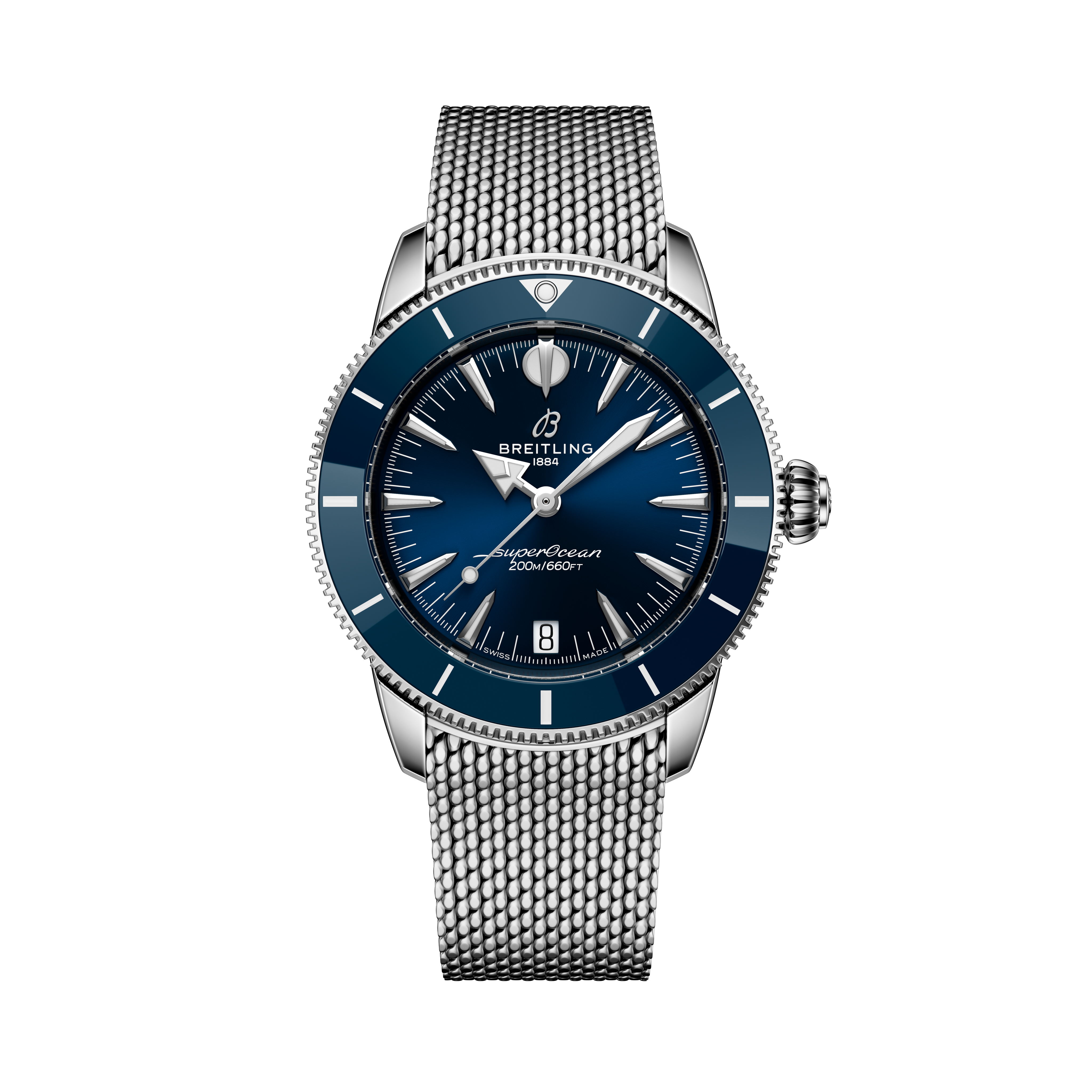 The Breitling Superocean Heritage Automatic 36 features a blue dial, silver bezel, and stainless steel mesh bracelet, displayed against a black background.