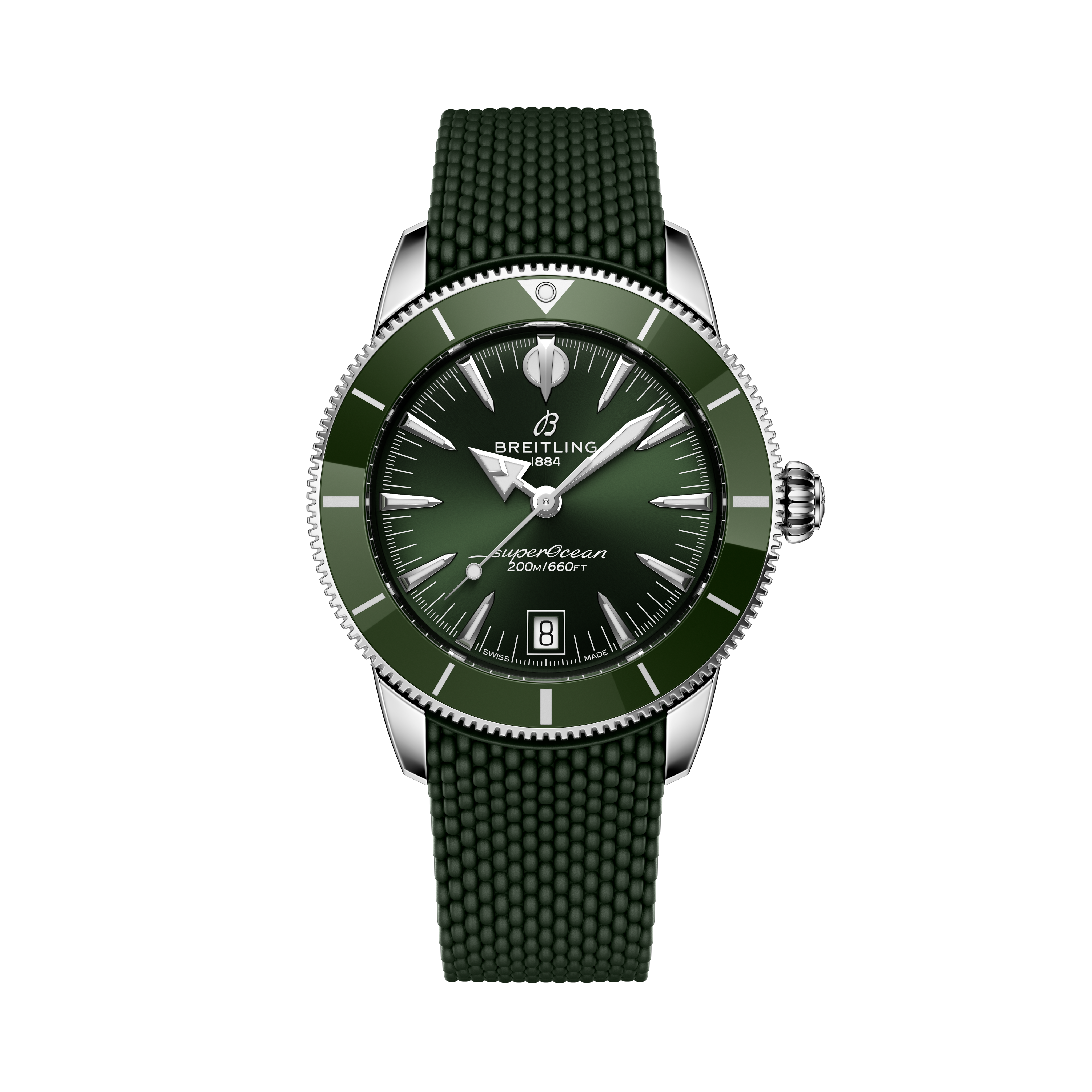 The Breitling Superocean Heritage B31 Automatic 40 is a green wristwatch with a green strap, silver bezel, black dial, and displays the time 10:10.