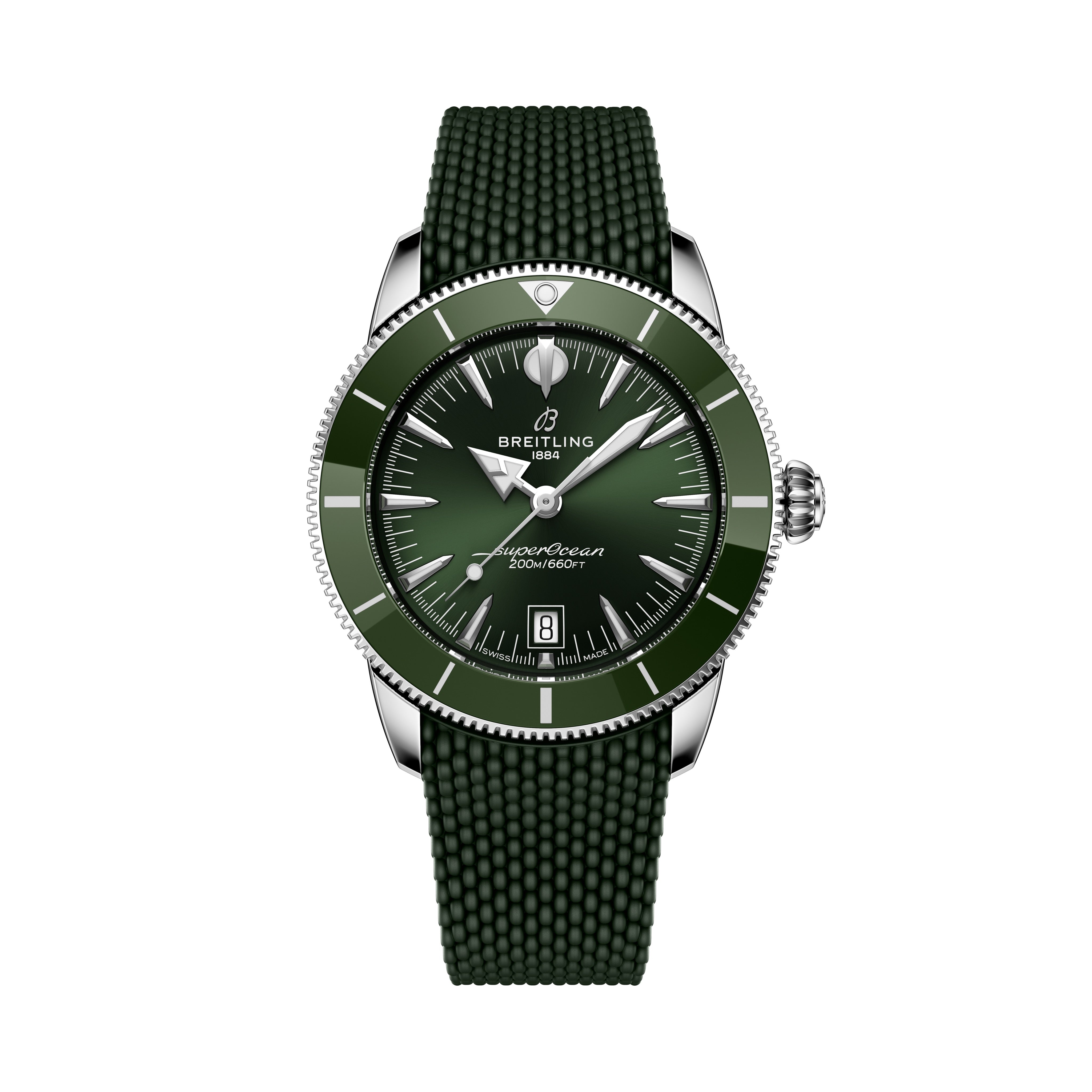 A green Breitling Superocean Heritage B31 Automatic 42 watch with a textured strap and silver accents, displayed on a white background.