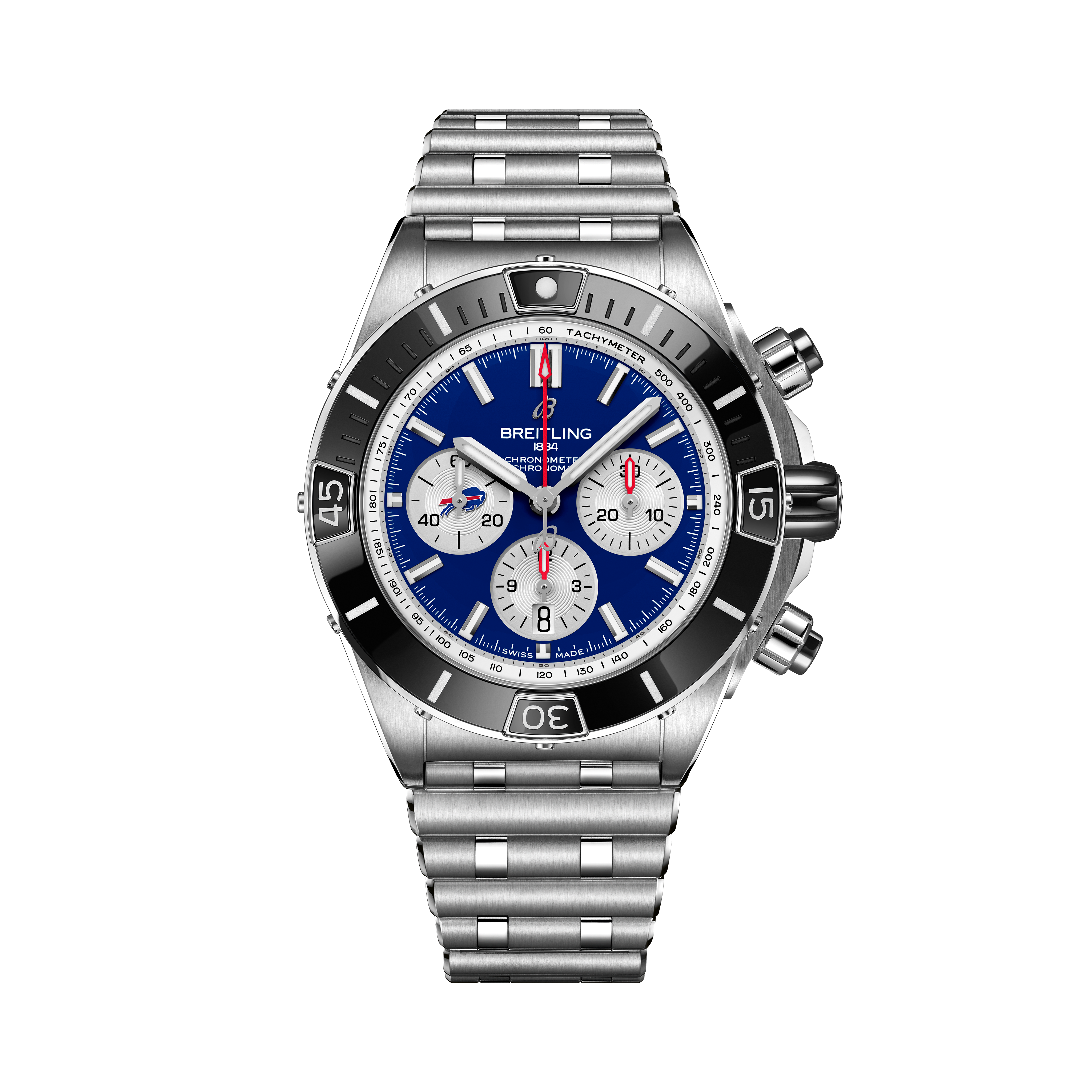 A silver Breitling Super Chronomat B01 44 Buffalo Bills sports watch with a blue dial, three white subdials, silver markers, date window, stainless steel bracelet, and a black bezel with minute markings.
