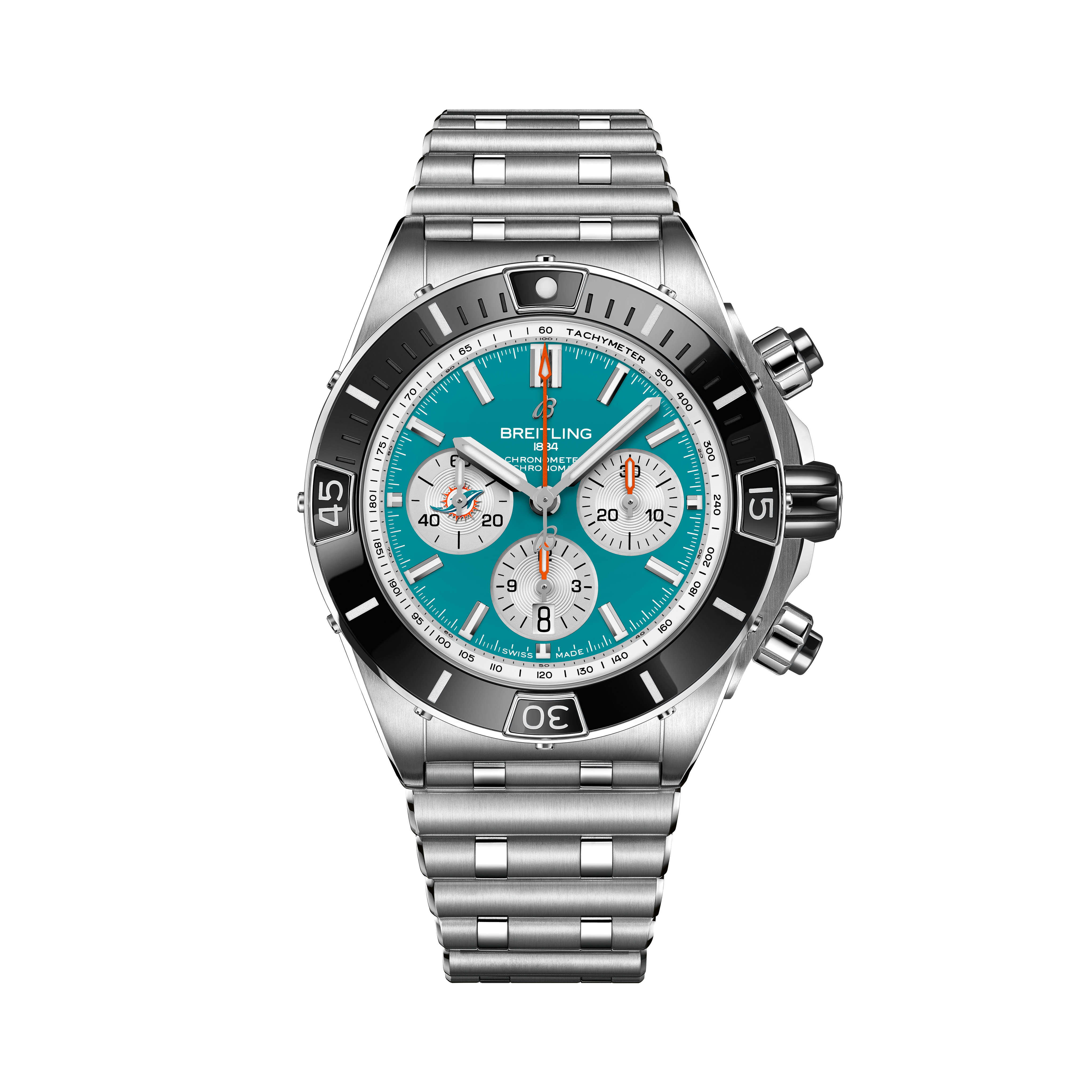 The Breitling Super Chronomat B01 44 Miami Dolphins, a stainless steel wristwatch with a turquoise dial, three subdials, black bezel, and silver bracelet is displayed against a plain white background.