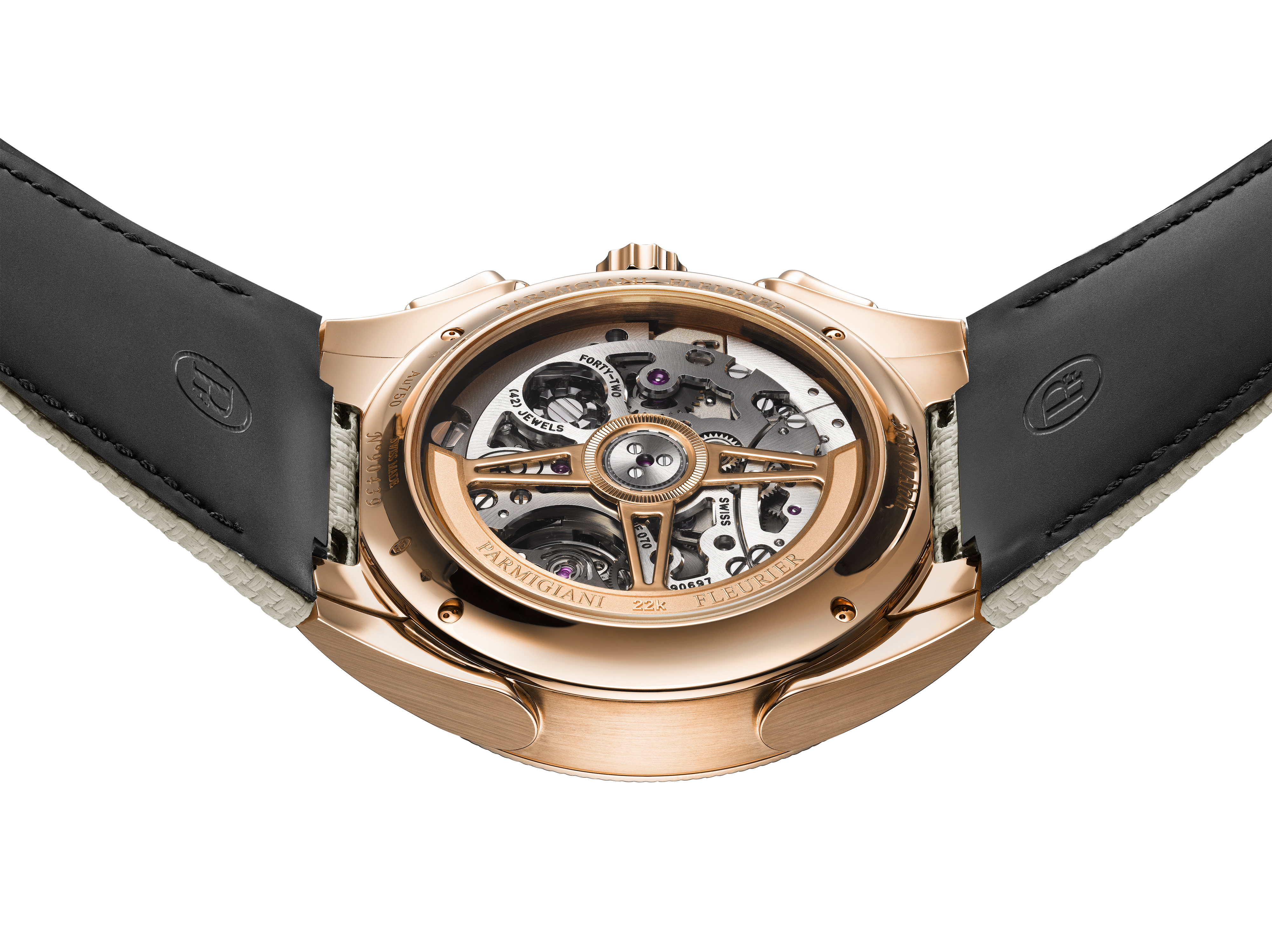 A close-up of the Parmigiani Fleurier TONDA PF Sport, showcasing its exposed mechanical movement in a rose gold case with a black leather strap.