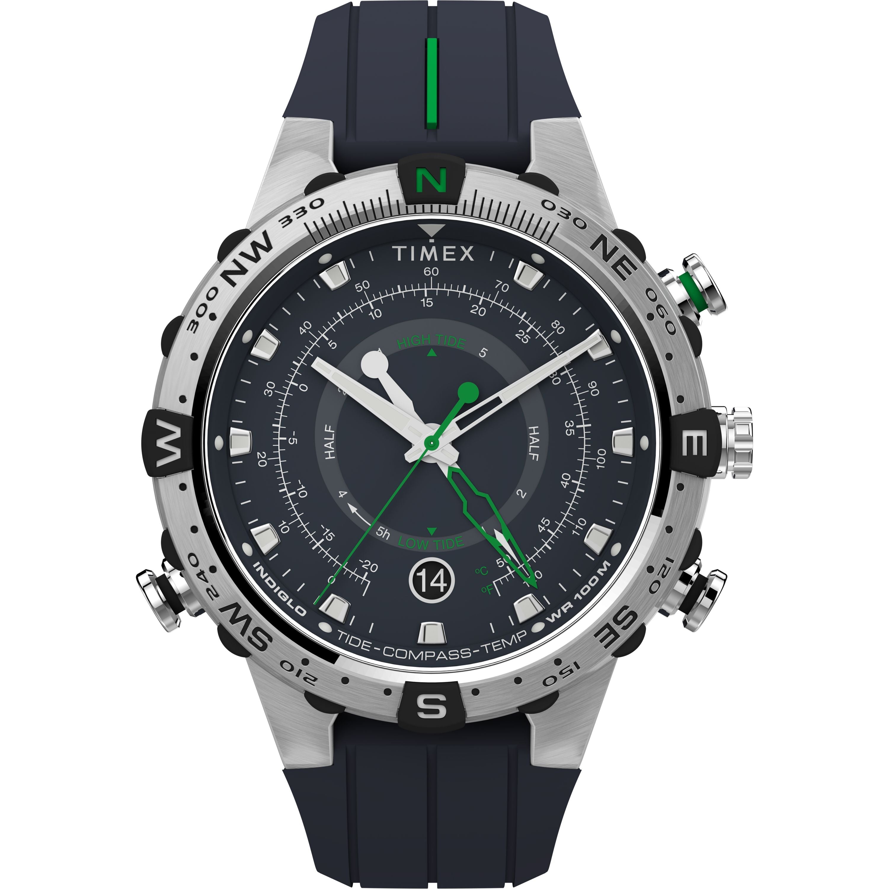 The Timex Expedition Tide-Temp-Compass features a black strap, silver compass bezel, and multiple dials showing time, temperature sensor data, tide tracker info, and electronic compass. Its hands and markers are white and green.