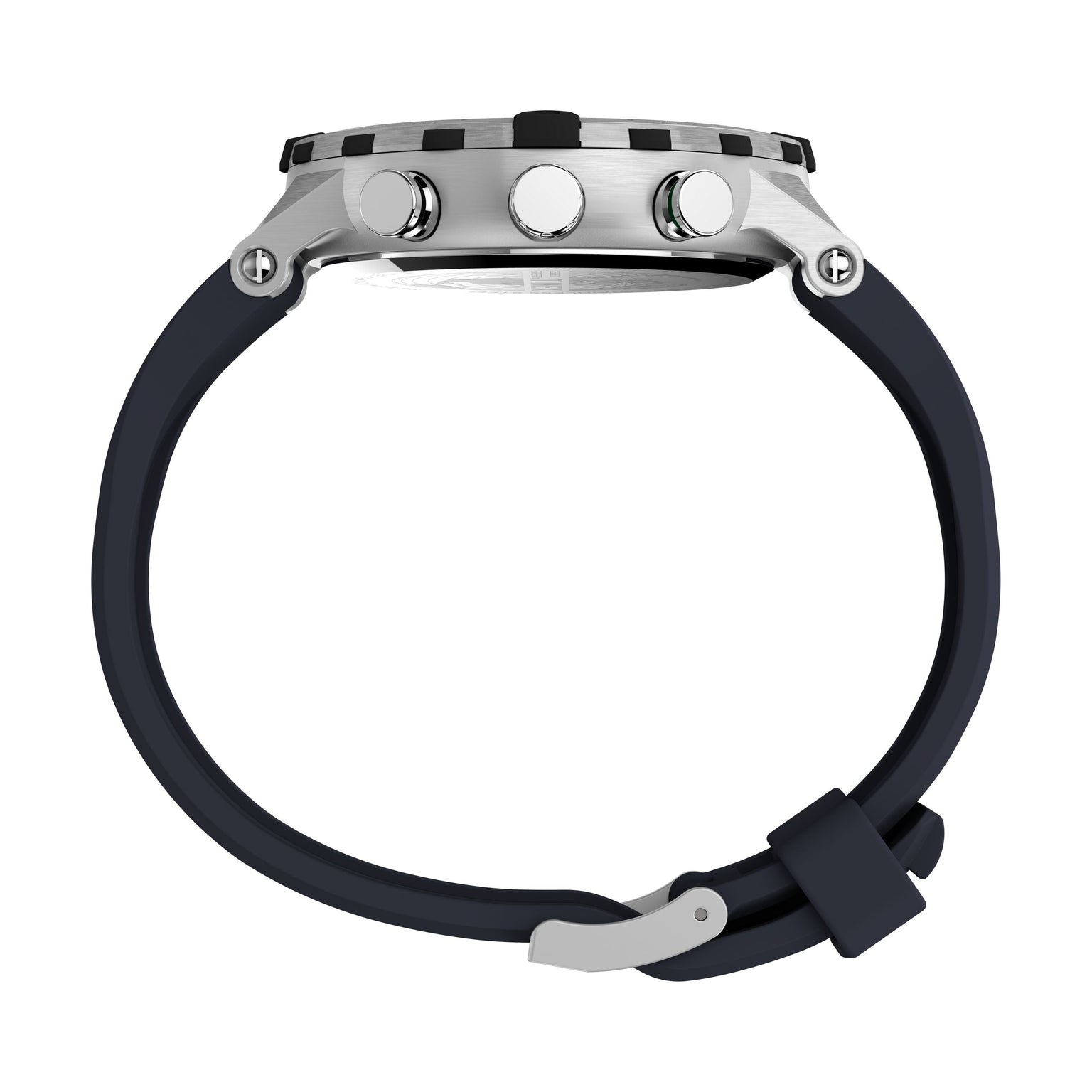 Side view of the Timex Expedition Tide-Temp-Compass wristwatch with a round silver case, three raised buttons, black bezel, and black silicone strap with silver buckle. Includes an electronic compass. Photographed on a white background.