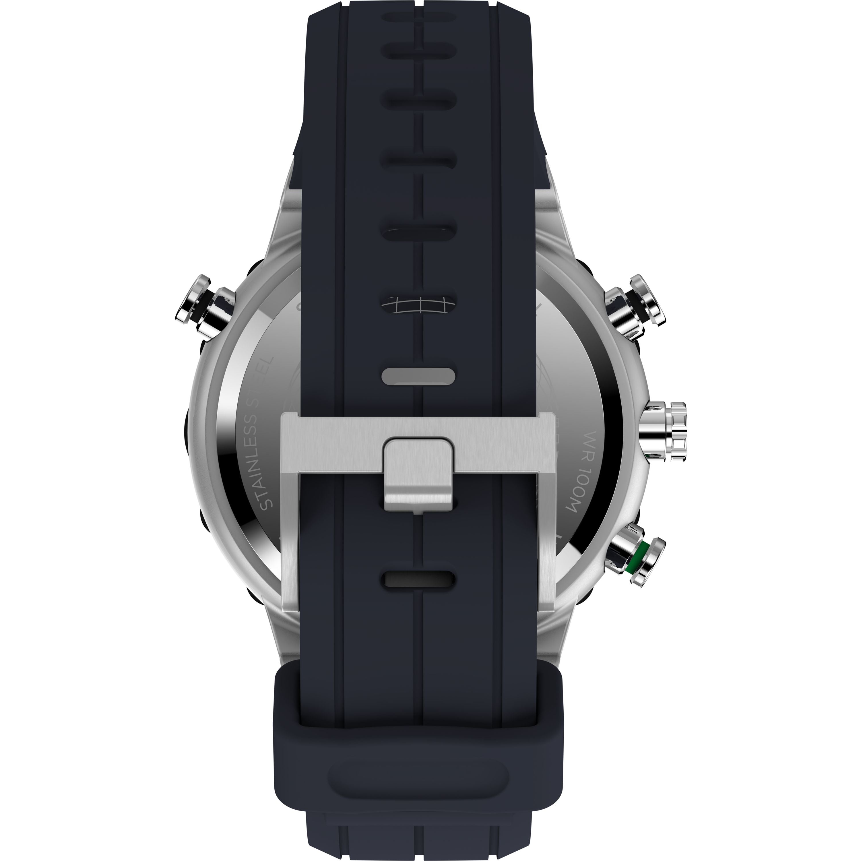 A close-up of the Timex Expedition Tide-Temp-Compass shows its stainless steel case, black rubber strap with silver buckle, multiple buttons, and a built-in electronic compass.