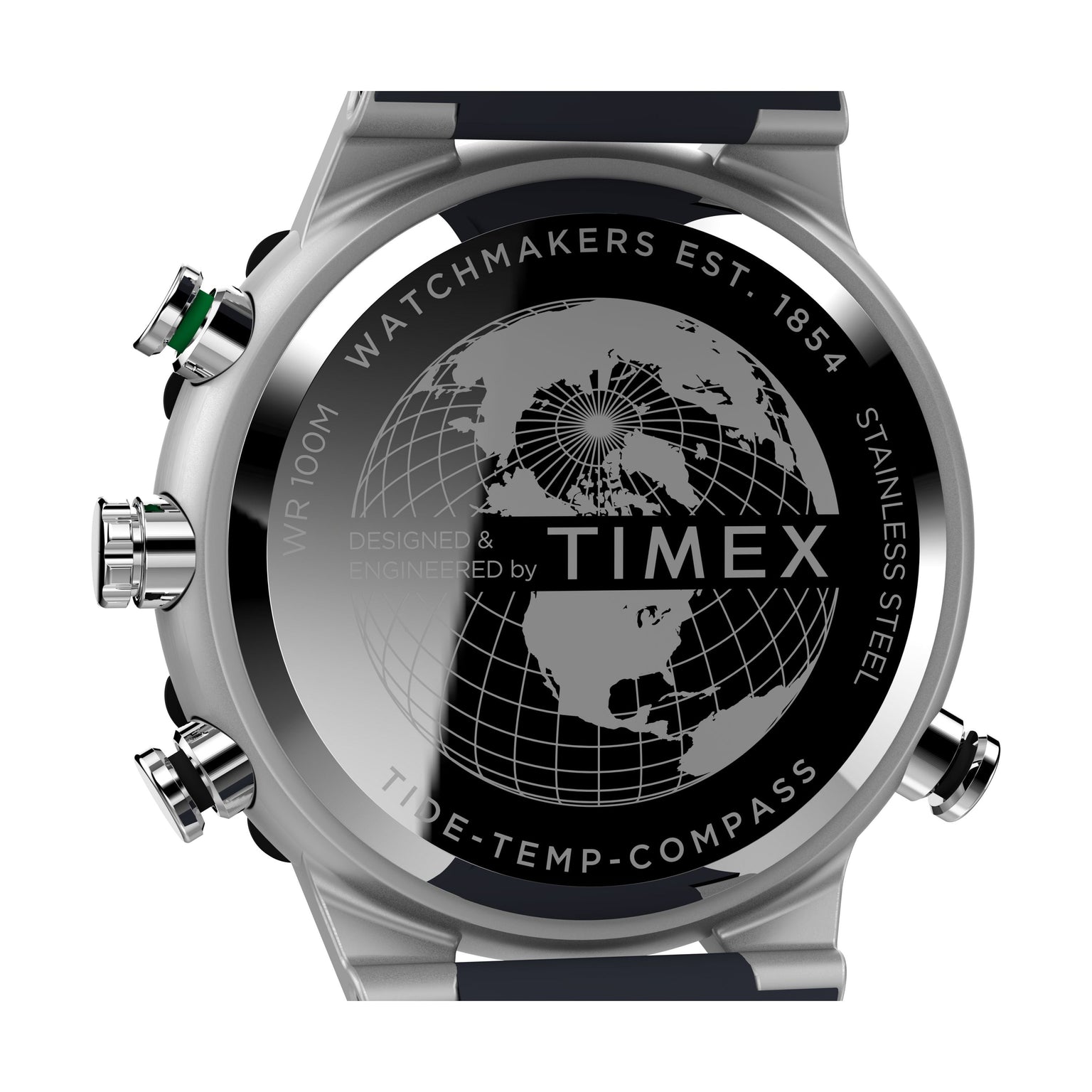The back of the Timex G SS QZ SW TIDE TEMP COMPSS 45 BLU DL 25 watch shows an engraved world map, branding, and side chronograph buttons. The text highlights its tide tracker, temperature sensor, and compass functions.