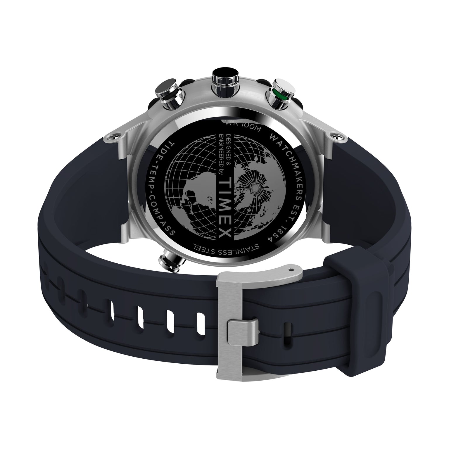 A close-up of the Timex G SS QZ SW TIDE TEMP COMPSS 45 BLU DL 25 wristwatch’s back shows a black silicone strap, metal case with an engraved world map, tide tracker, and technical markings.