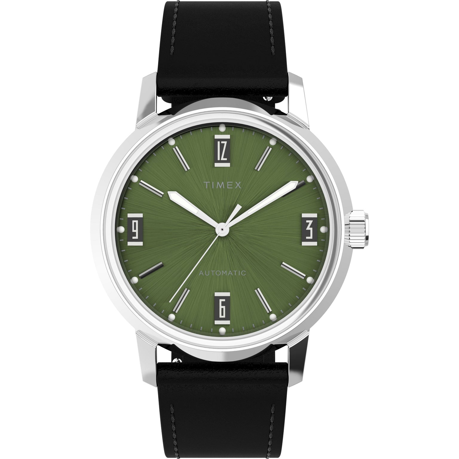 The Timex Marlin® Automatic features a green sunburst dial with silver markers, black rectangular hour indicators, a black leather strap, and domed acrylic crystal on a silver case, inspired by the 1960s Marlin design.