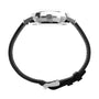 Side view of a Timex Marlin® Automatic watch featuring a silver case, domed acrylic crystal, black strap with metal buckle, displayed against a white background.