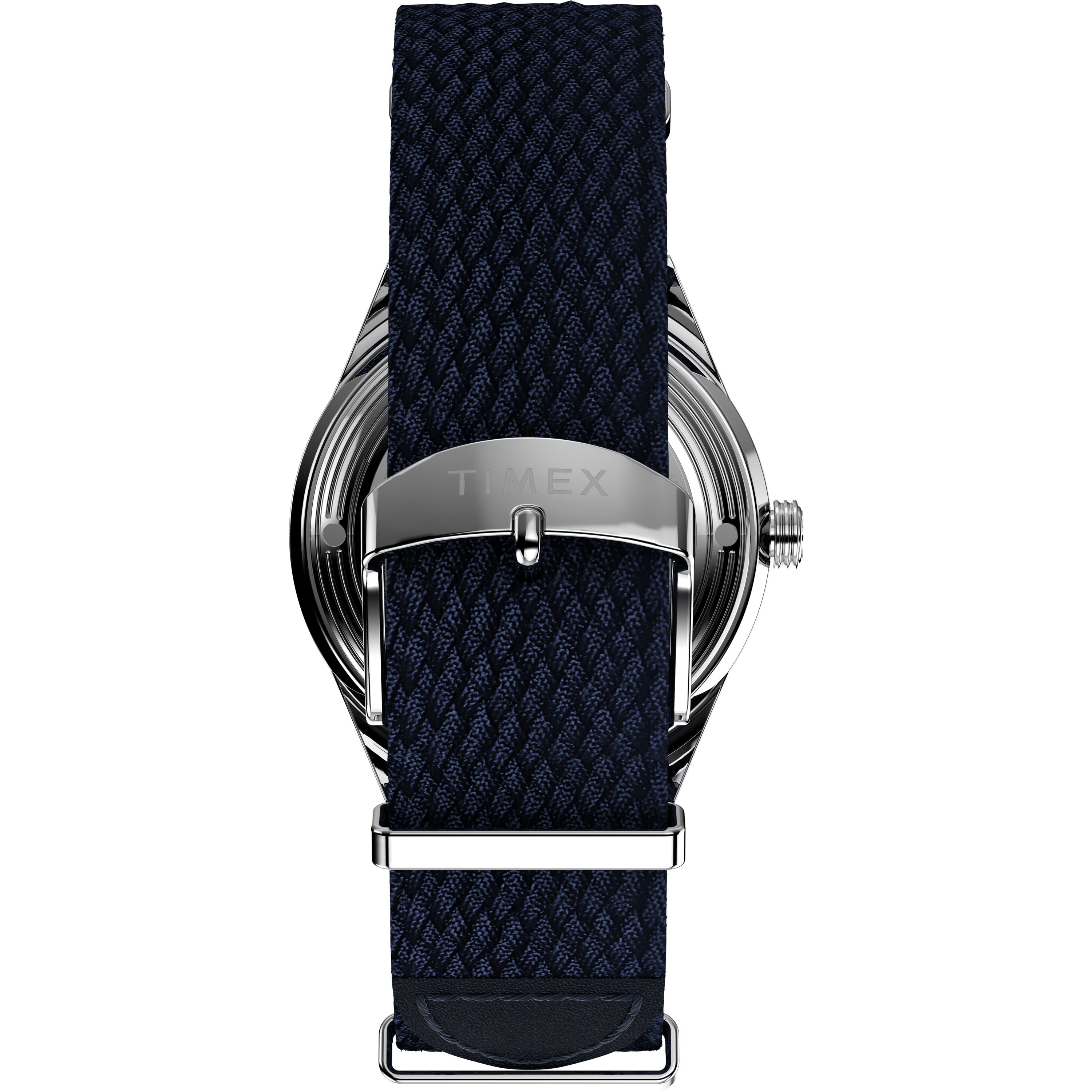 Close-up of the back of the Timex Marlin® Jet Automatic, featuring a navy blue woven strap and a silver TIMEX-engraved buckle. The metallic case reflects the retro-futuristic style iconic to this timepiece.