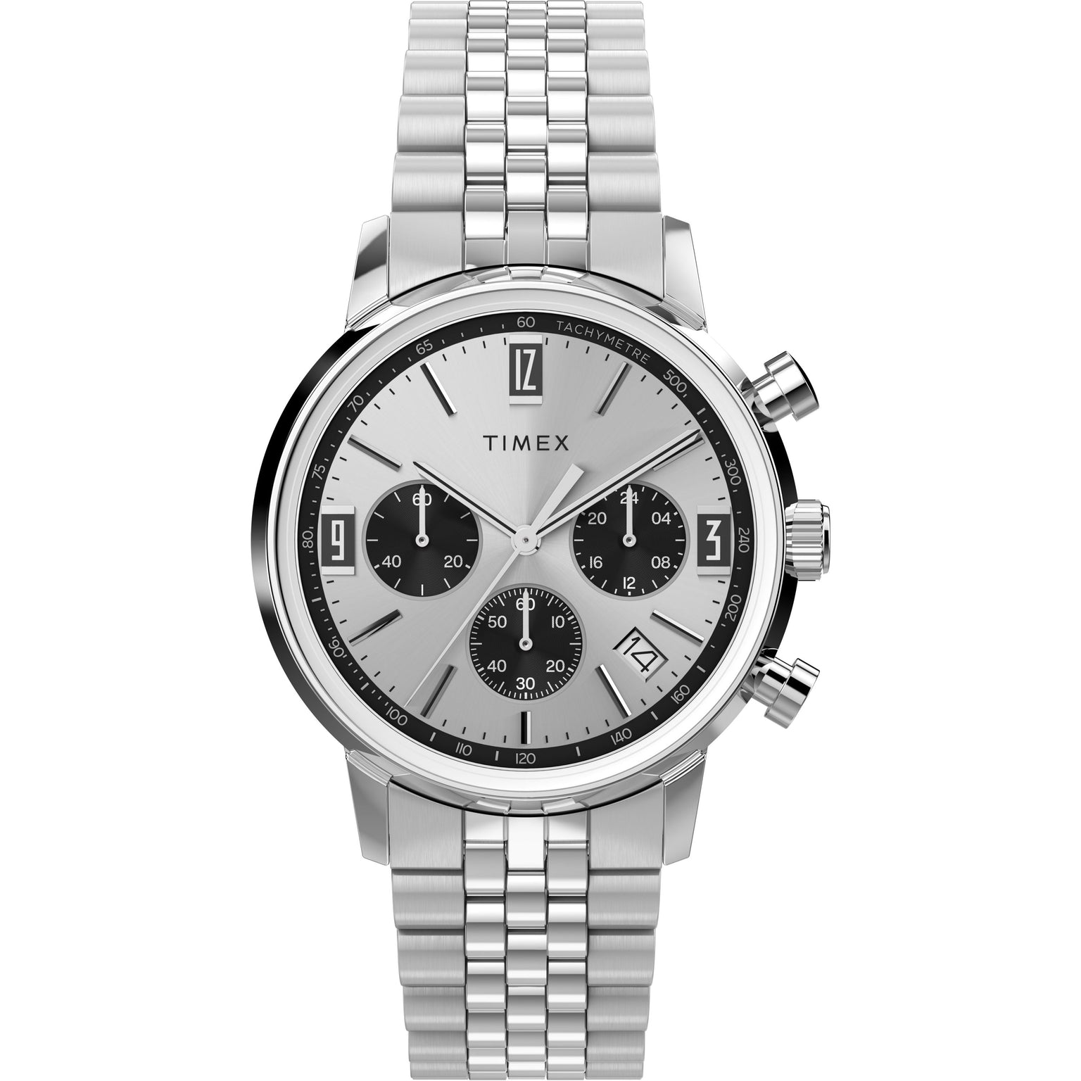 A Timex Marlin® Chronograph Tachymeter wristwatch with a silver stainless steel band, three black subdials, date window, and two side pushers is shown on a white background. Features reliable quartz movement.