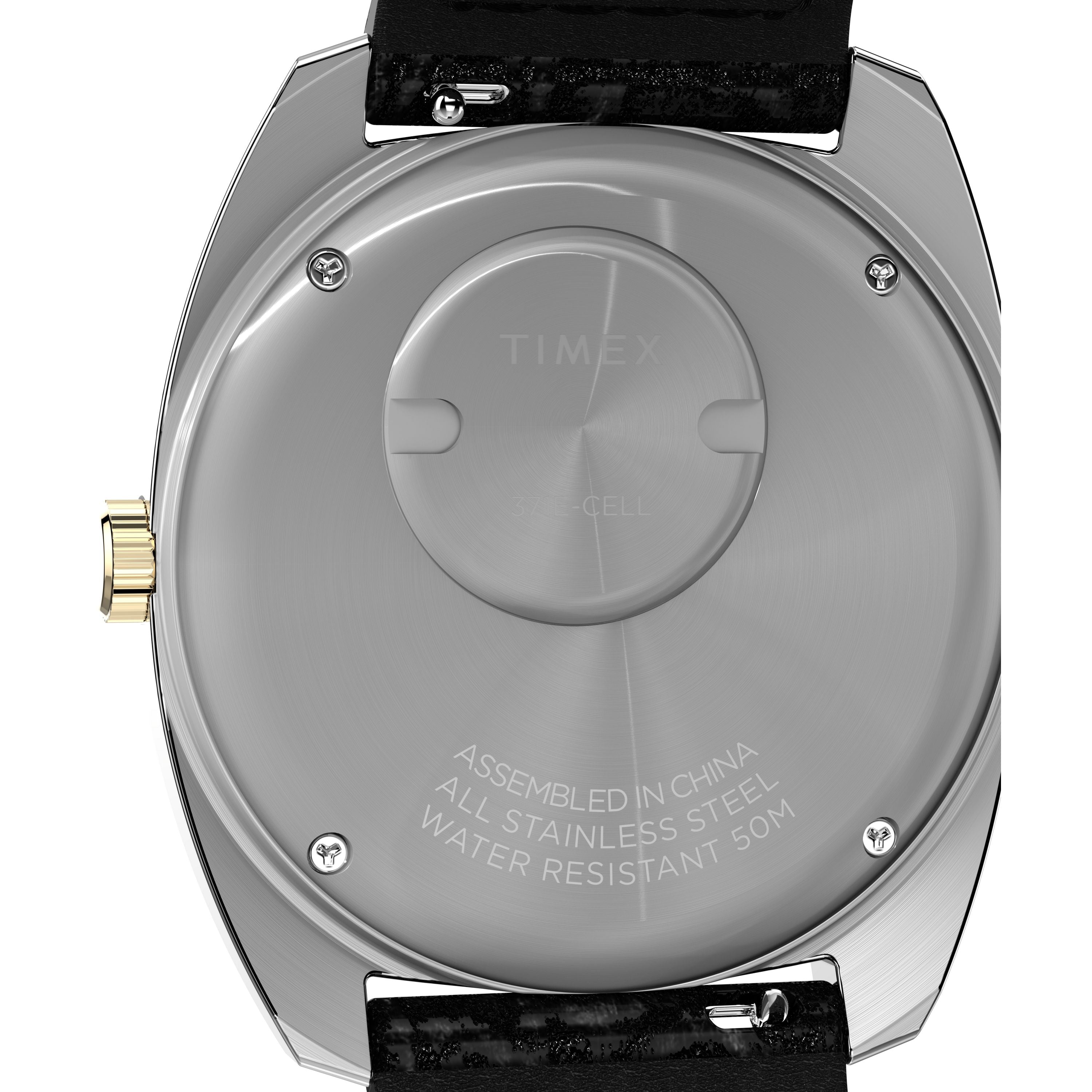 The back of the Timex G SS QZ SW 1978 DAY DTE 37.5 BLU DL 25 watch hints at timeless style and classic craftsmanship.