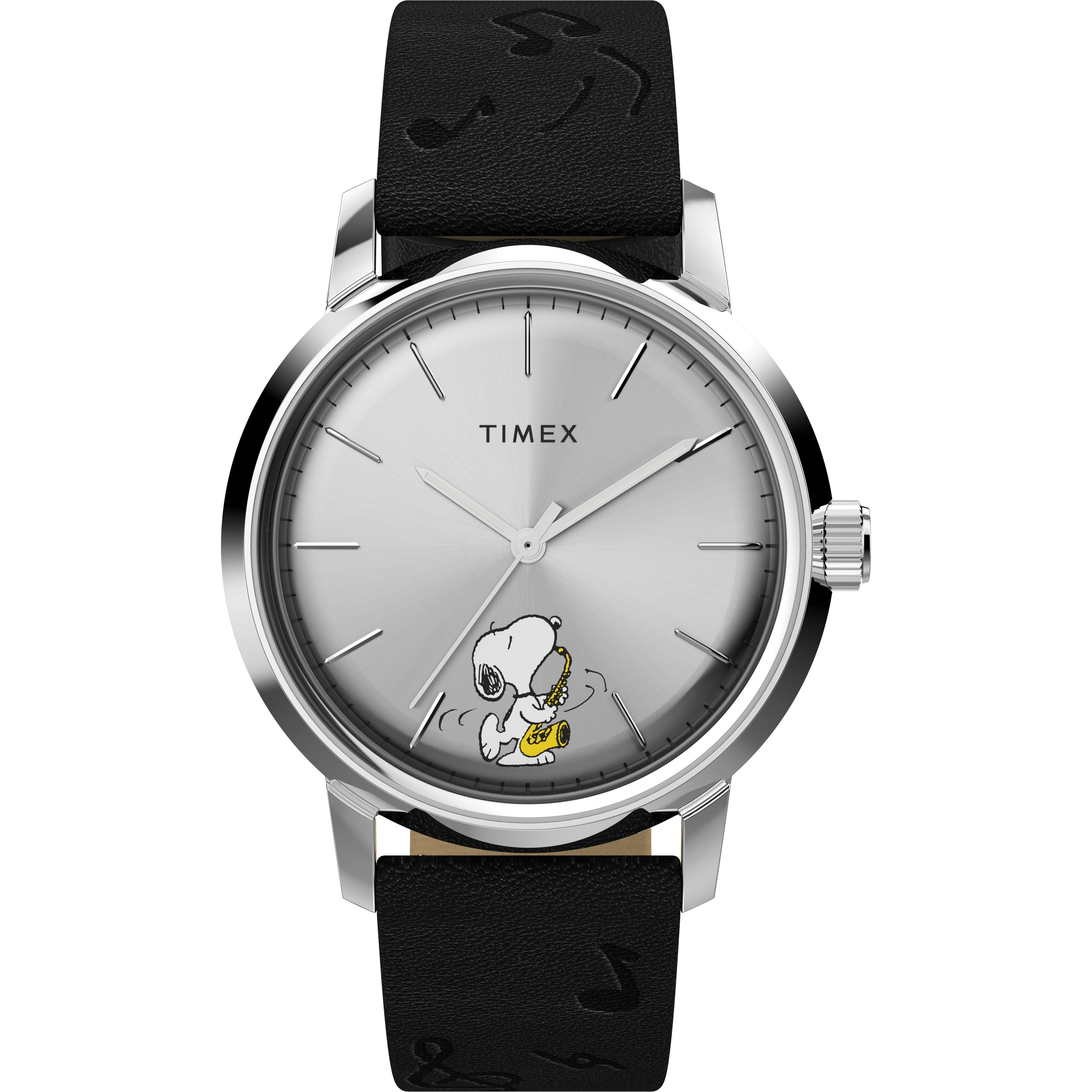 The Timex x Peanuts Marlin® Automatic Saxophonist features Snoopy playing sax on a silver dial, minimalist hour markers, a black leather strap with music notes, and the TIMEX logo, inspired by the classic Marlin Automatic design.