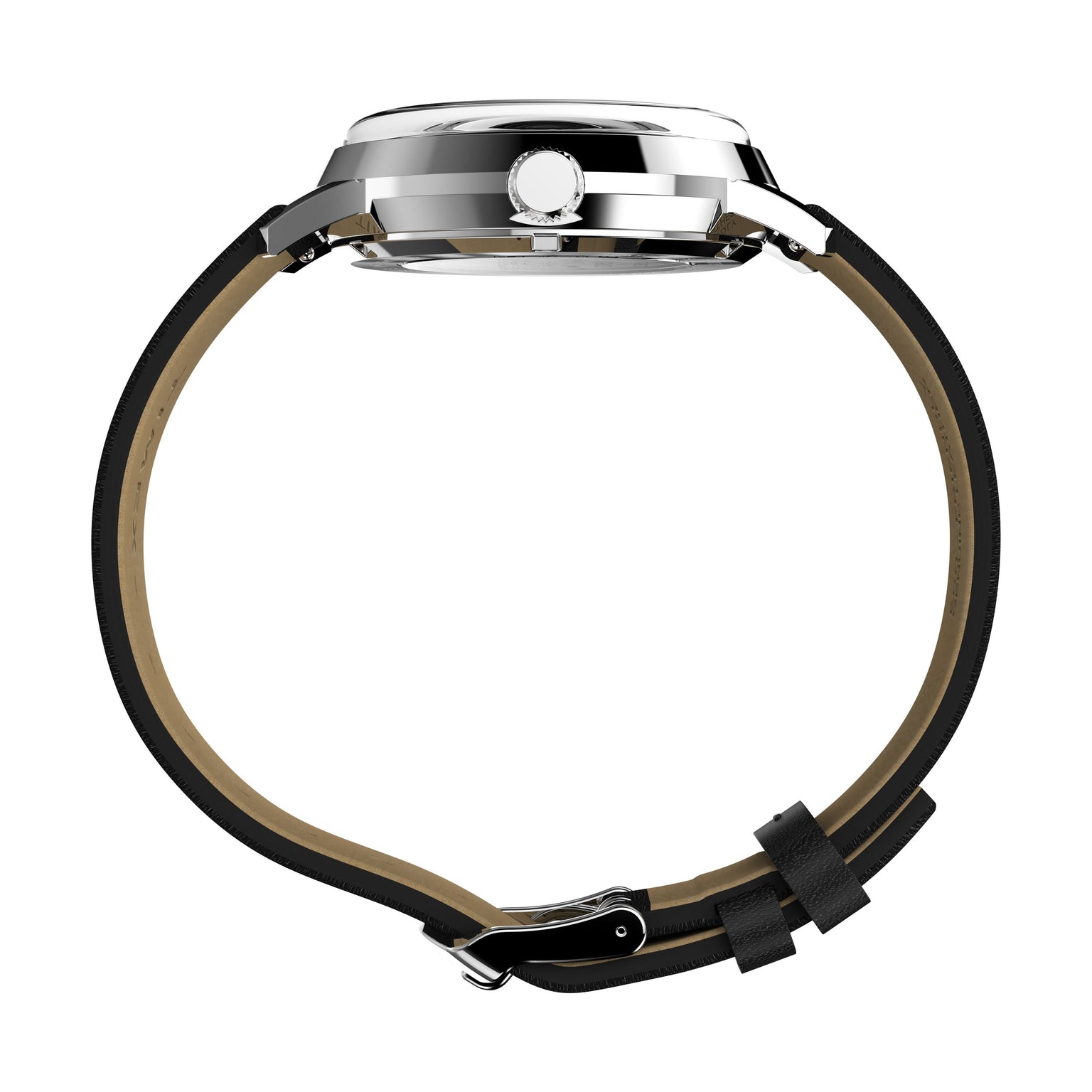 A side view of the Timex x Peanuts Marlin® Automatic Saxophonist watch with a silver case, black bezel, and black leather strap with buckle, displayed against a white background.