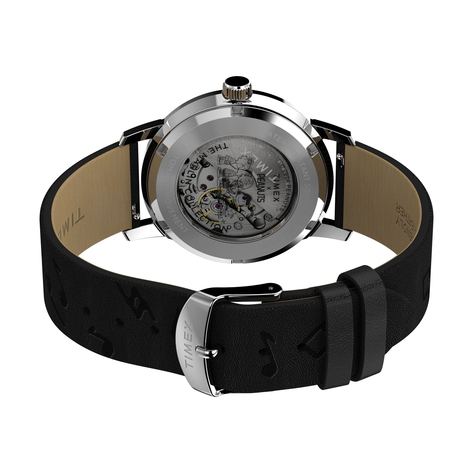 The Timex x Peanuts Marlin® Automatic Saxophonist wristwatch features a black leather strap with engraved patterns and a silver buckle. Shown from the back, its transparent case displays intricate mechanical gears.