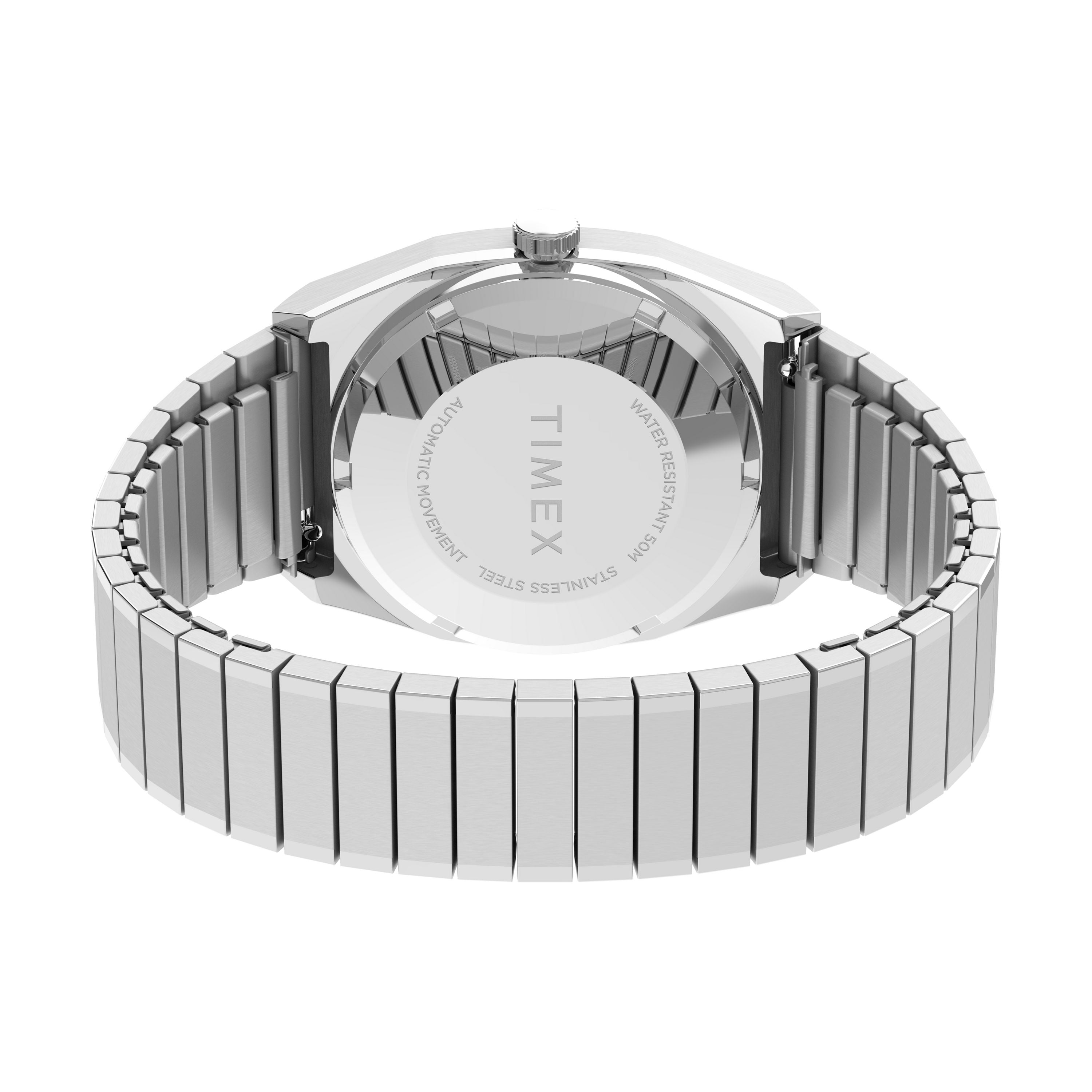 Back view of the Timex Automatic 1983 E Line Reissue, a stainless-steel dress watch with TIMEX, WATER RESISTANT, AUTOMATIC MOVEMENT, and STAINLESS STEEL engraved on the case back and precise Japanese automatic movement.