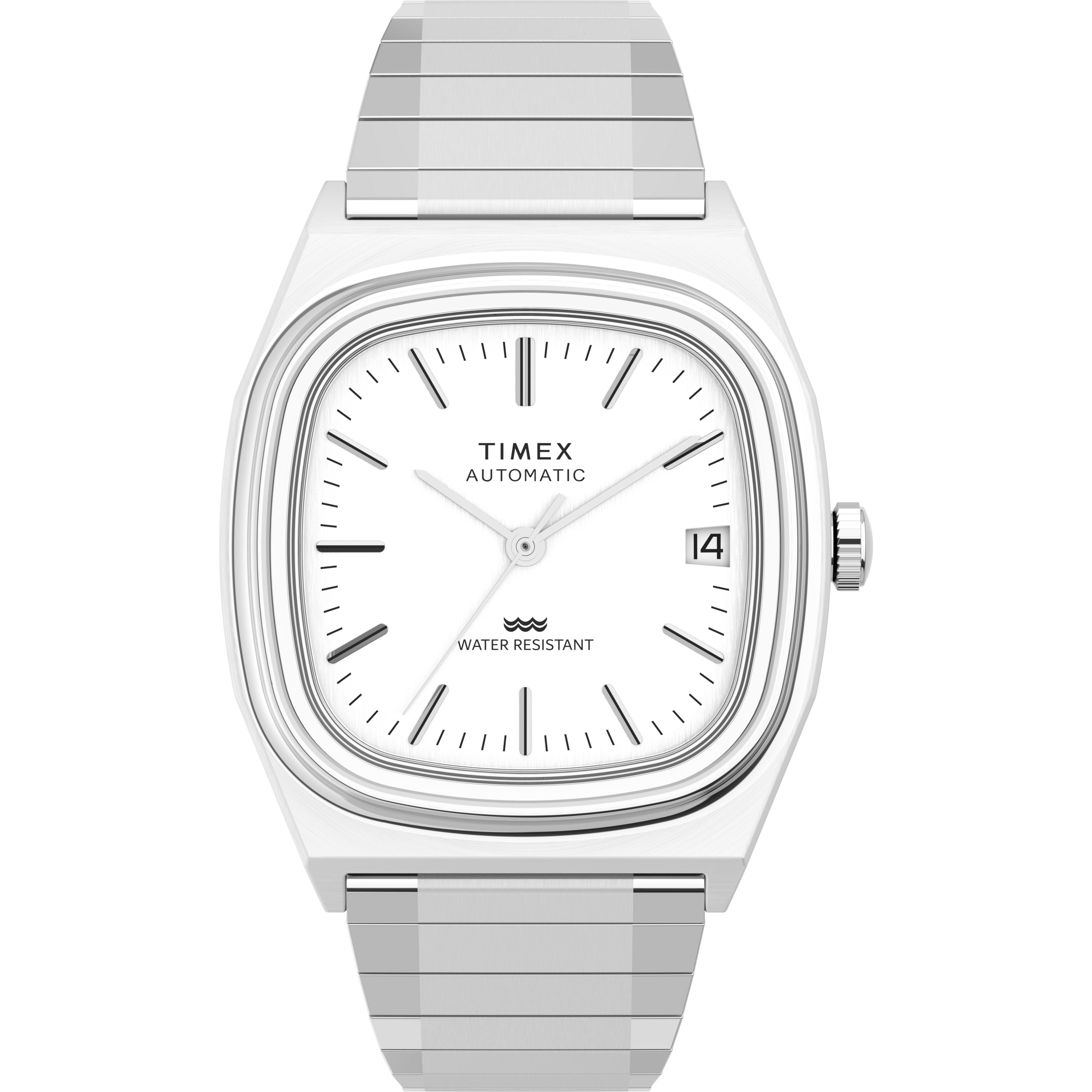 The Timex Automatic 1983 E Line Reissue is a silver wristwatch with a square white dial, black markers, three hands, date at 3 o'clock, metal link band, and Japanese automatic movement. Dial reads “Timex Automatic Water Resistant.”.