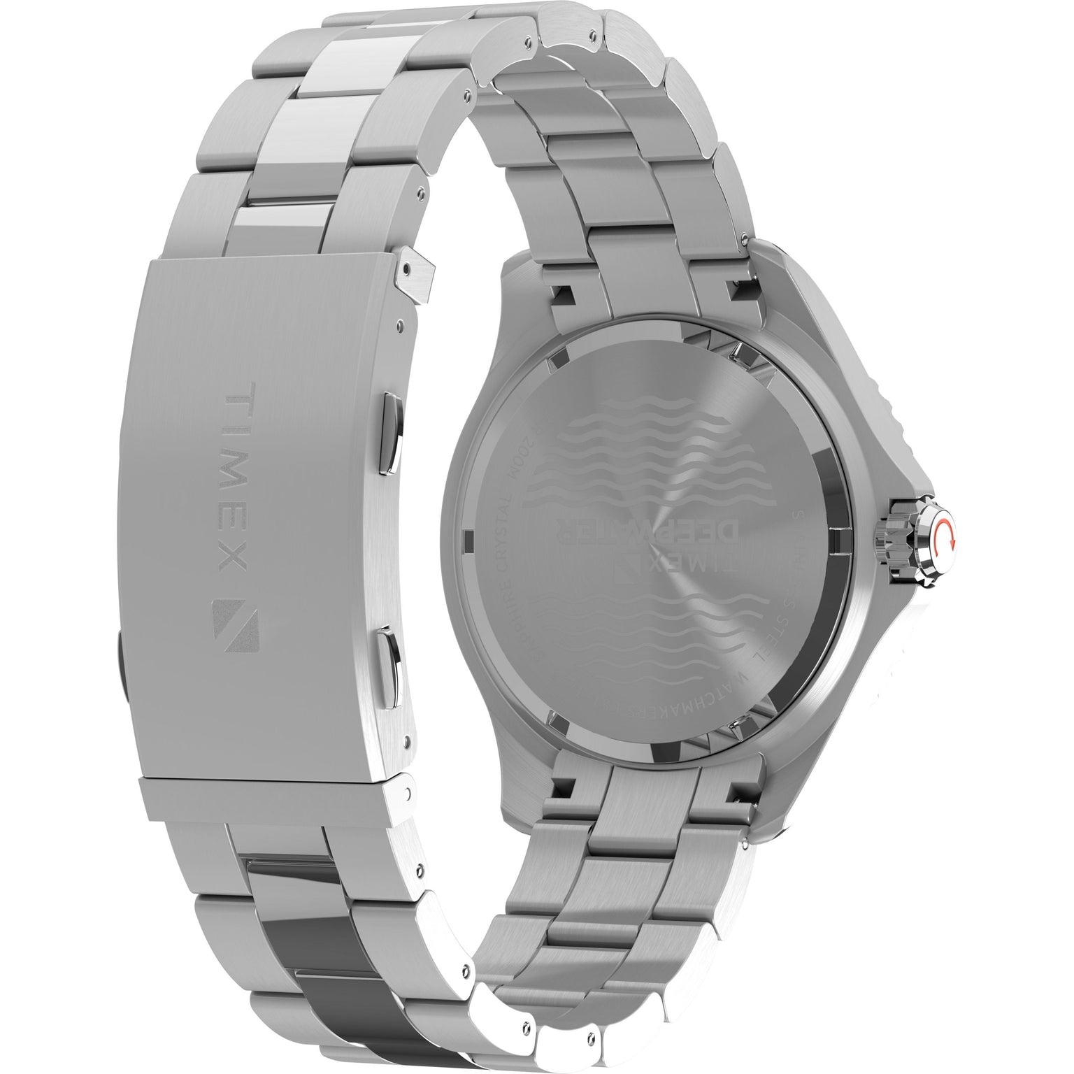 A close-up of the clasp and case back on the Timex G SS QZ BW DEEP WTR MERDIAN 44 BLU DL 25 dive watch, highlighting the engraved brand logo and details on its silver recycled stainless-steel bracelet.