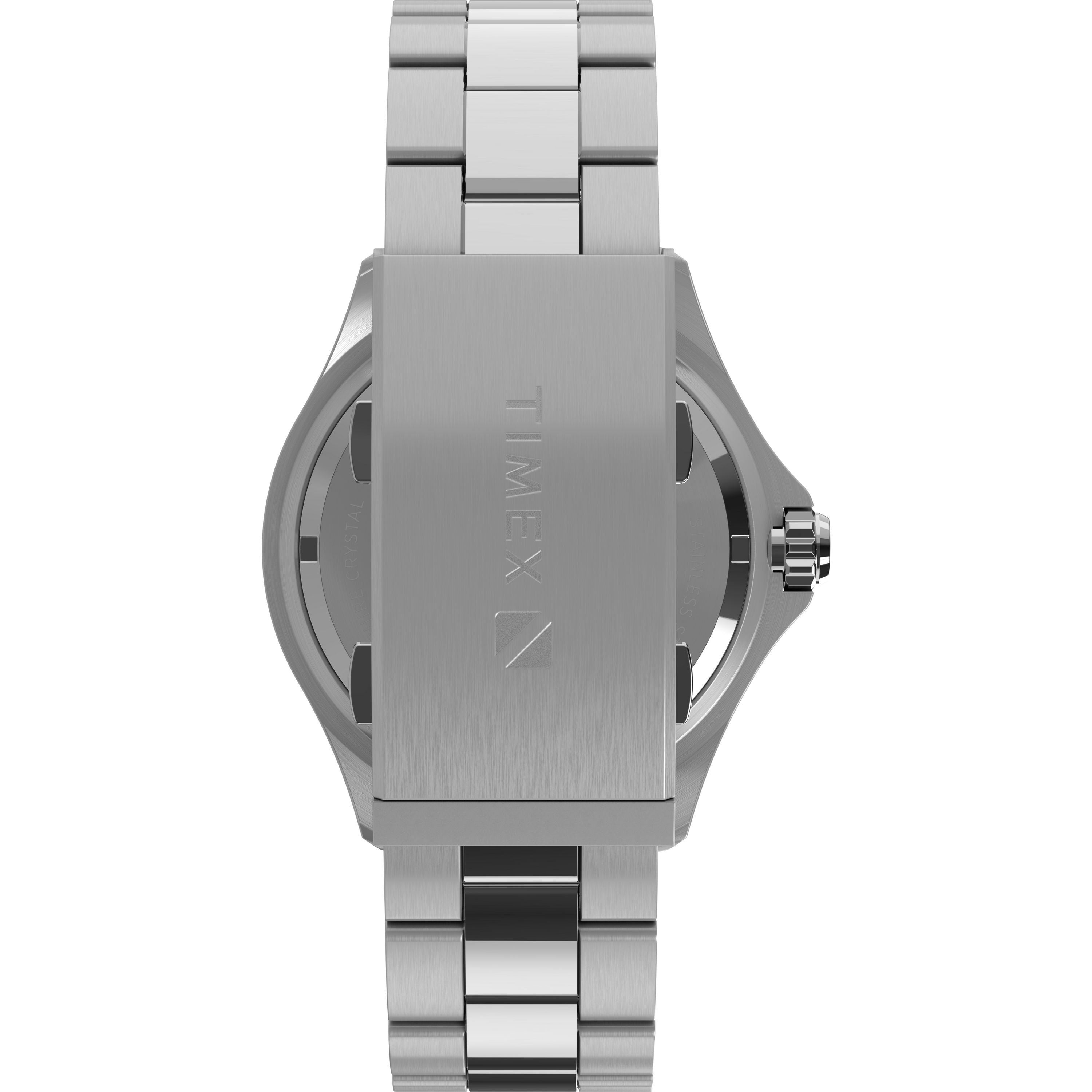 A close-up of the Timex Deepwater Meridian 200 dive watch's stainless steel back showcases the engraved Timex logo on the clasp and metal link bracelet, emphasizing its robust 200m water resistance.