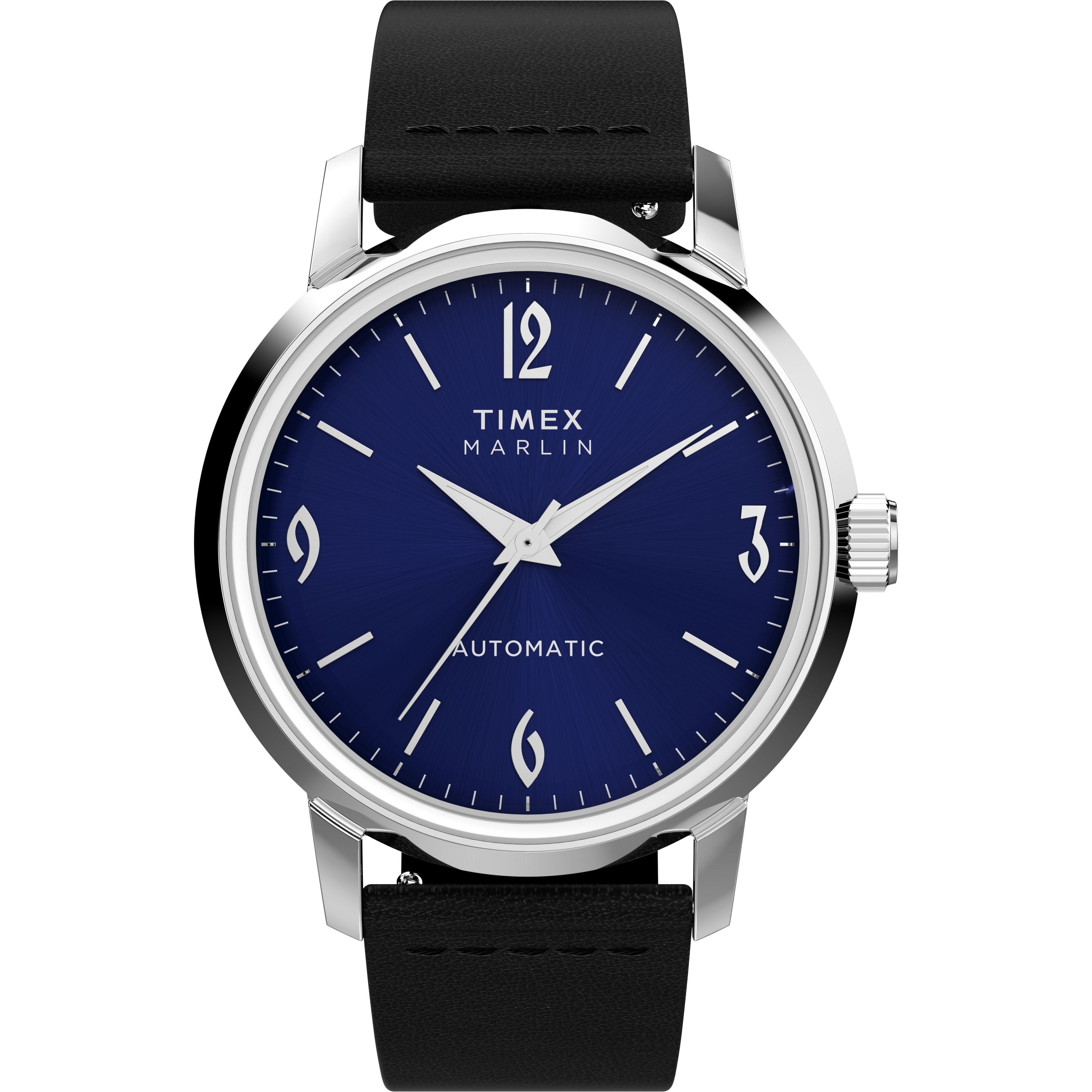The Timex Marlin® Automatic features a blue dial, silver hour markers and hands, an eco-friendly leather strap, and "Automatic" on the face. The display shows the time as 10:09.