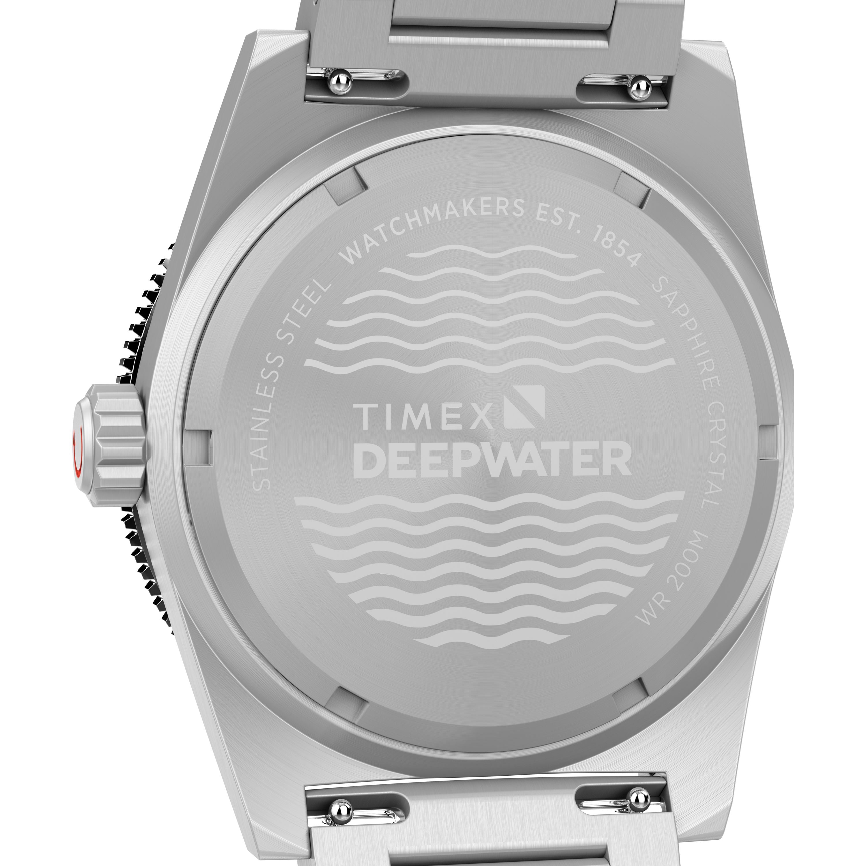 The back of the Timex Deepwater Reef 200 dive watch features a stainless-steel case engraved with TIMEX, EST. 1854, SAPPHIRE CRYSTAL, 200m water resistance, and showcases a unique wavy line pattern.