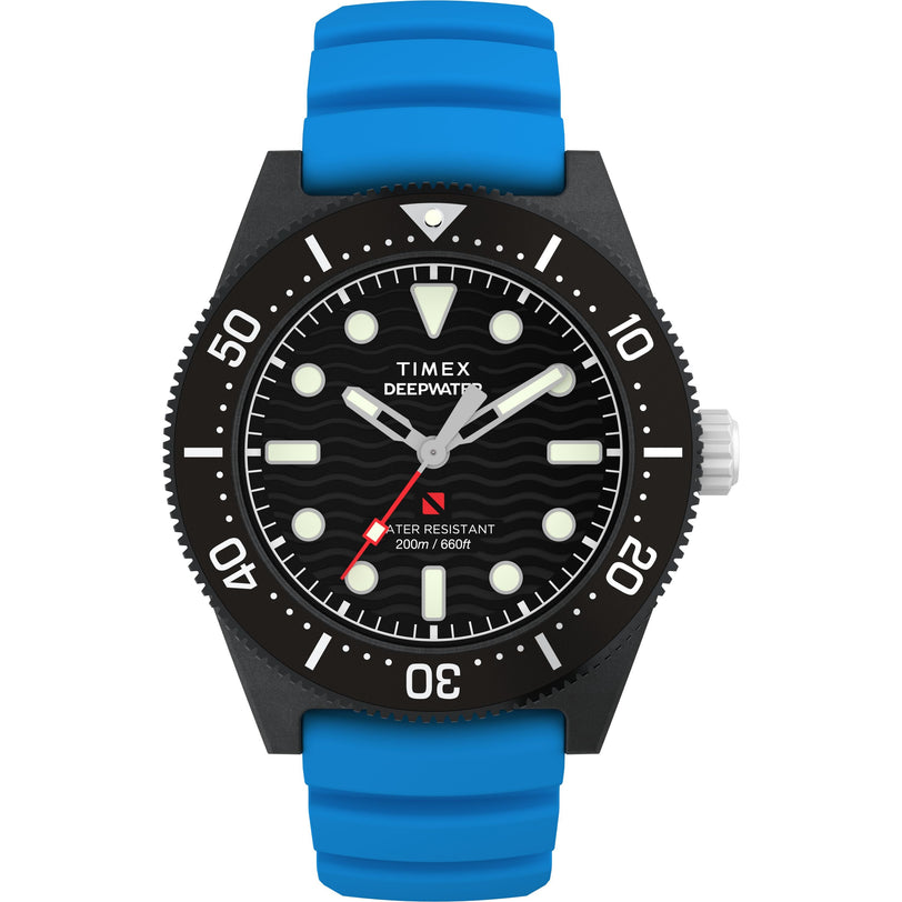 The Timex Deepwater Reef 200 XCF dive watch features a black dial, white hour markers, black bezel with white markings, blue silicone strap, and "WATER RESISTANT 200m / 660ft" in red on the face.