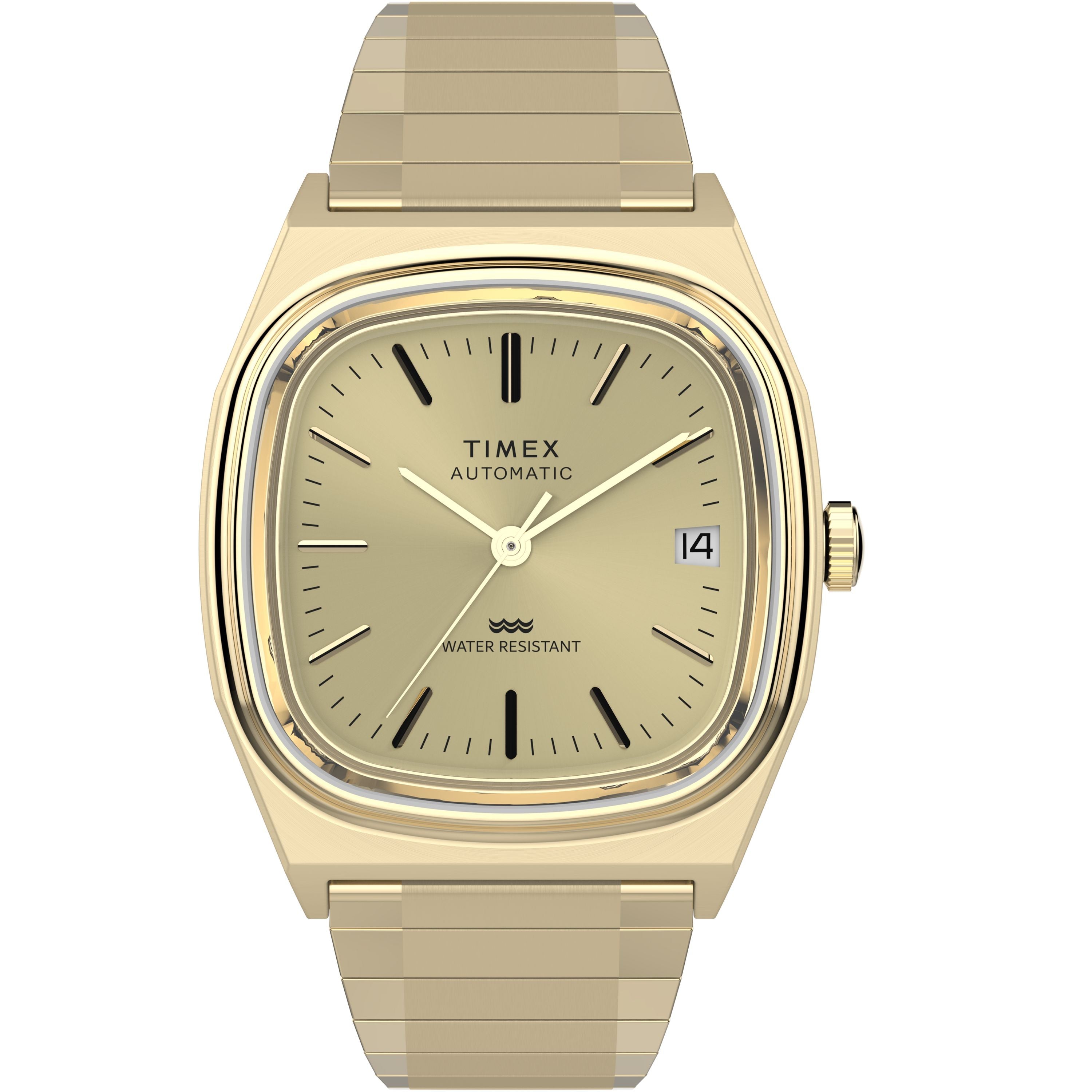 The Timex Automatic 1983 E Line Reissue is a gold-tone dress watch featuring a square face, gold dial, black markers and hands, date at 3 o'clock, gold metal link band, Japanese automatic movement, and “WATER RESISTANT” label.