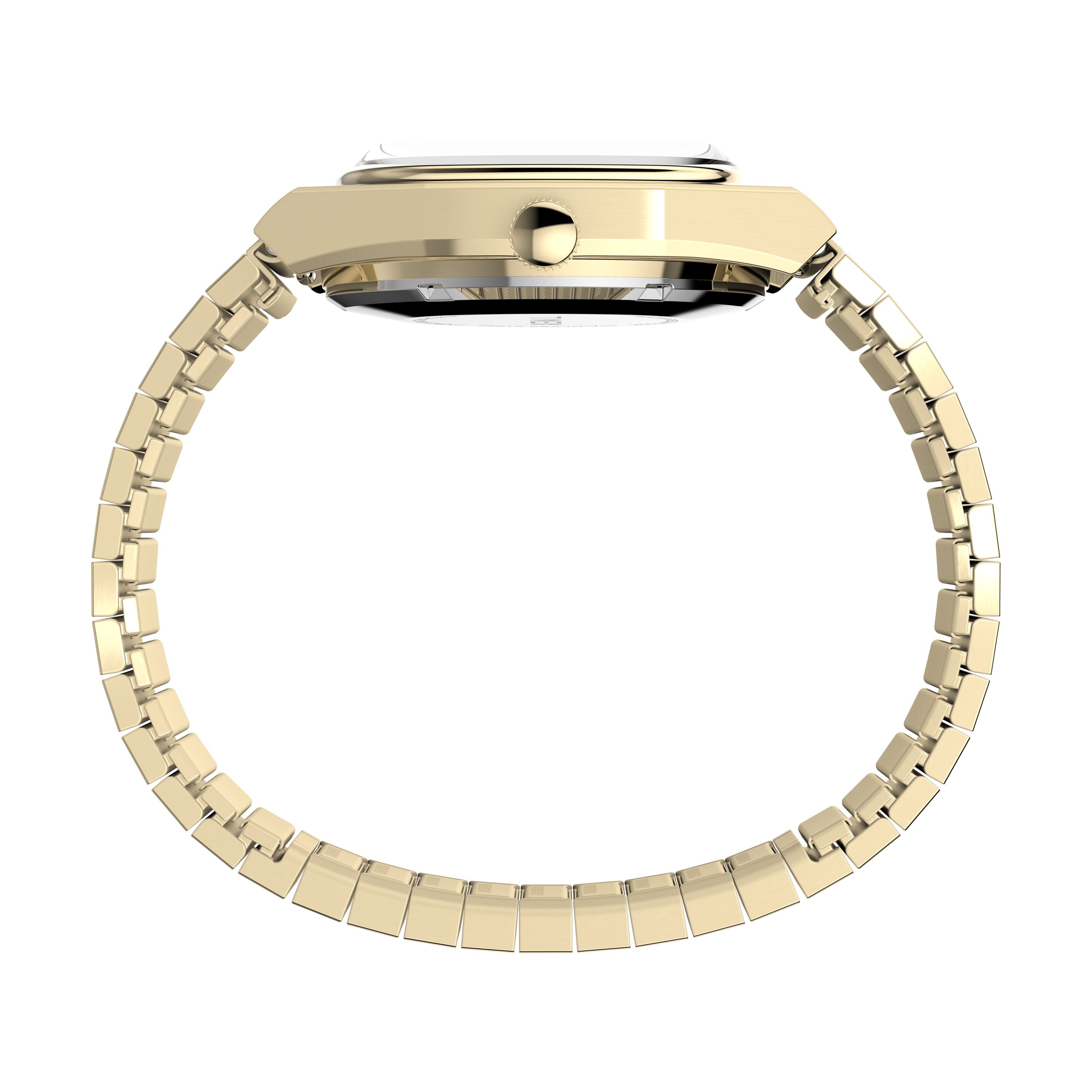 The Timex Automatic 1983 E Line Reissue is shown from the side, featuring a slim gold-tone case, metallic link band, and single crown. Inspired by the original 1983 model, this dress watch reflects Timex’s refined craftsmanship; the watch face is not visible.