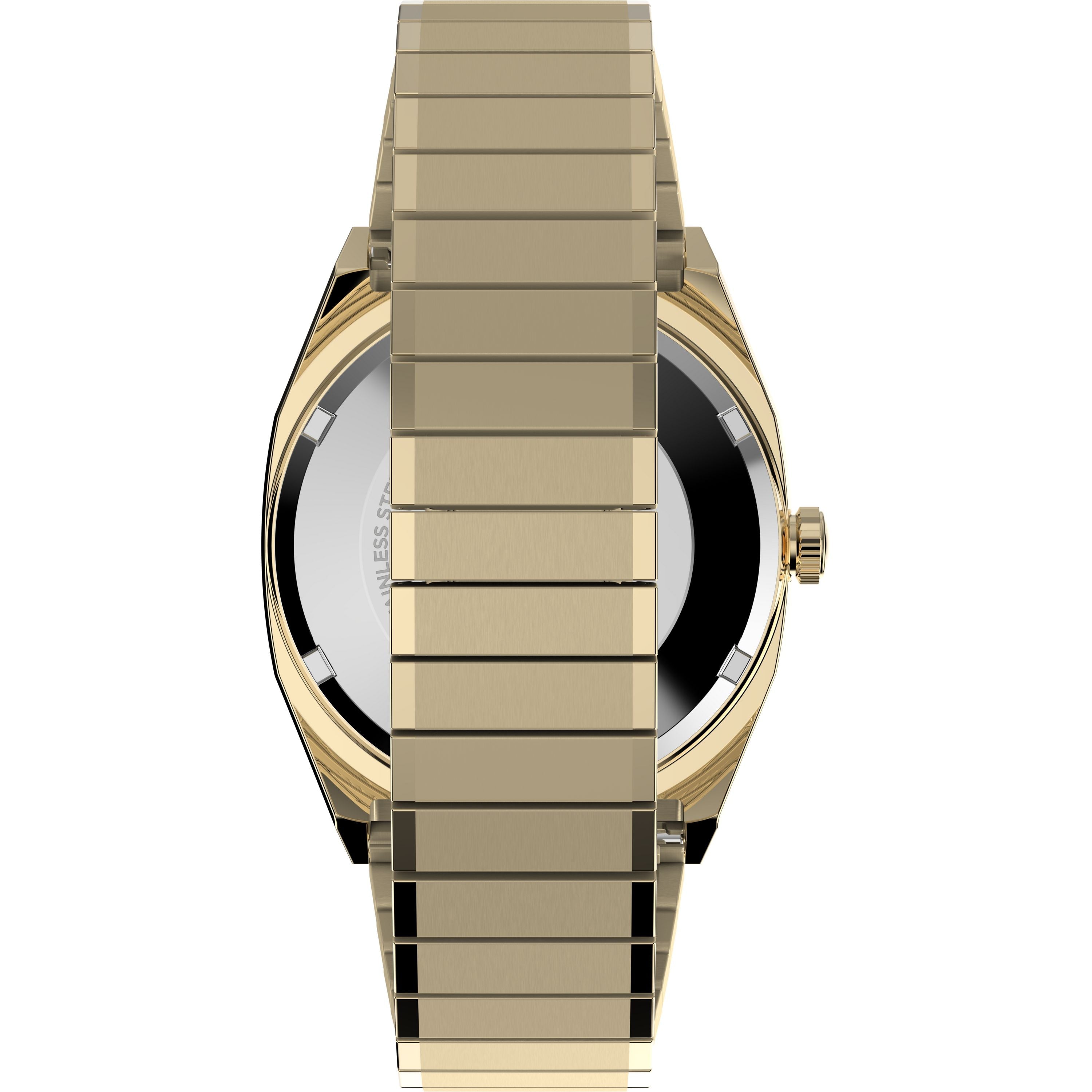 A gold-tone Timex Automatic 1983 E Line Reissue dress watch seen from the back, its wide metal band covering most of the watch face and case, combines classic elegance with reliable Japanese automatic movement.