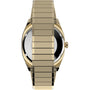 A gold-tone Timex Automatic 1983 E Line Reissue dress watch seen from the back, its wide metal band covering most of the watch face and case, combines classic elegance with reliable Japanese automatic movement.