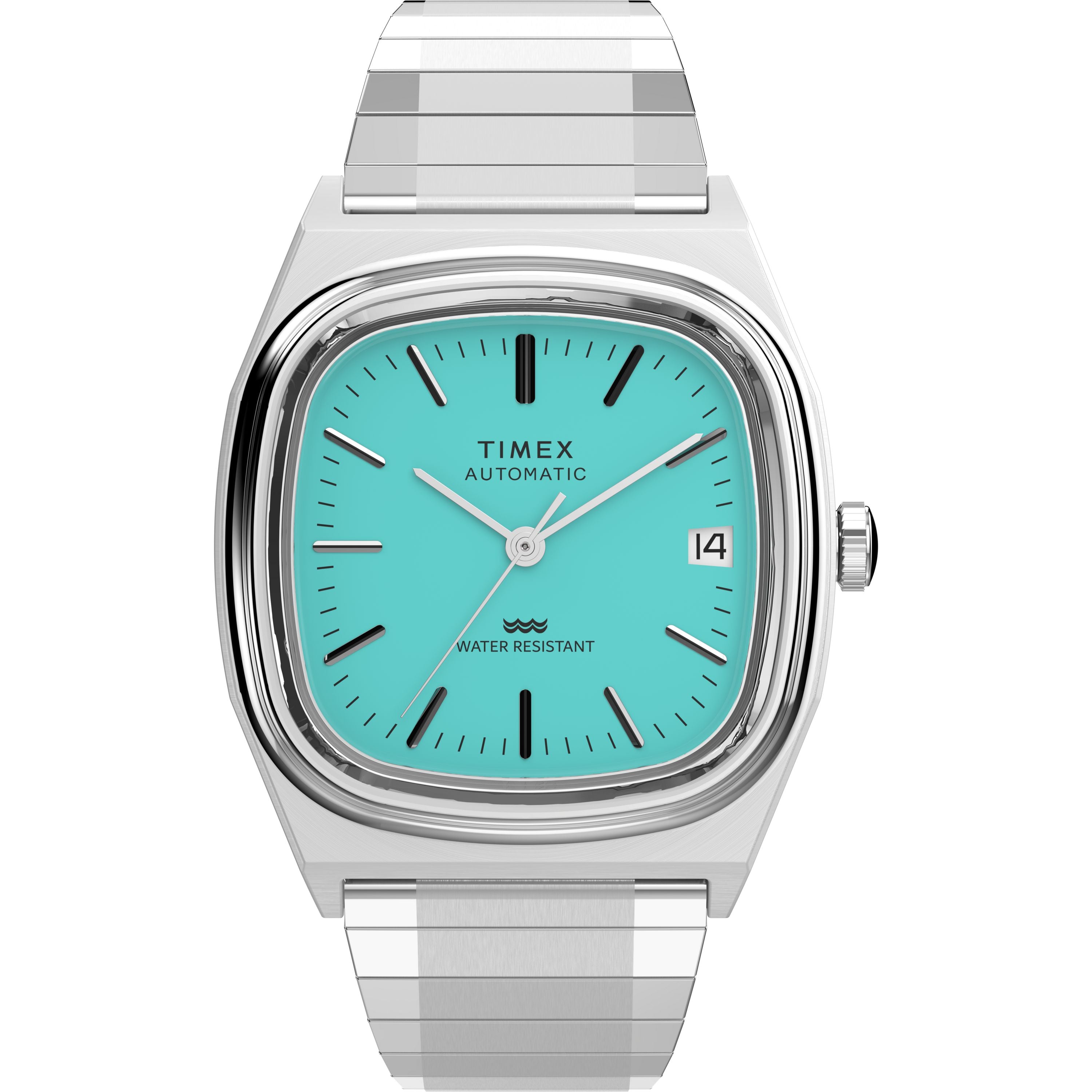 The Timex Automatic 1983 E Line is a silver dress watch with a square turquoise face, black hour markers, metal band, date window at 3 o’clock, and AUTOMATIC and WATER RESISTANT on the dial. Features Japanese automatic movement.