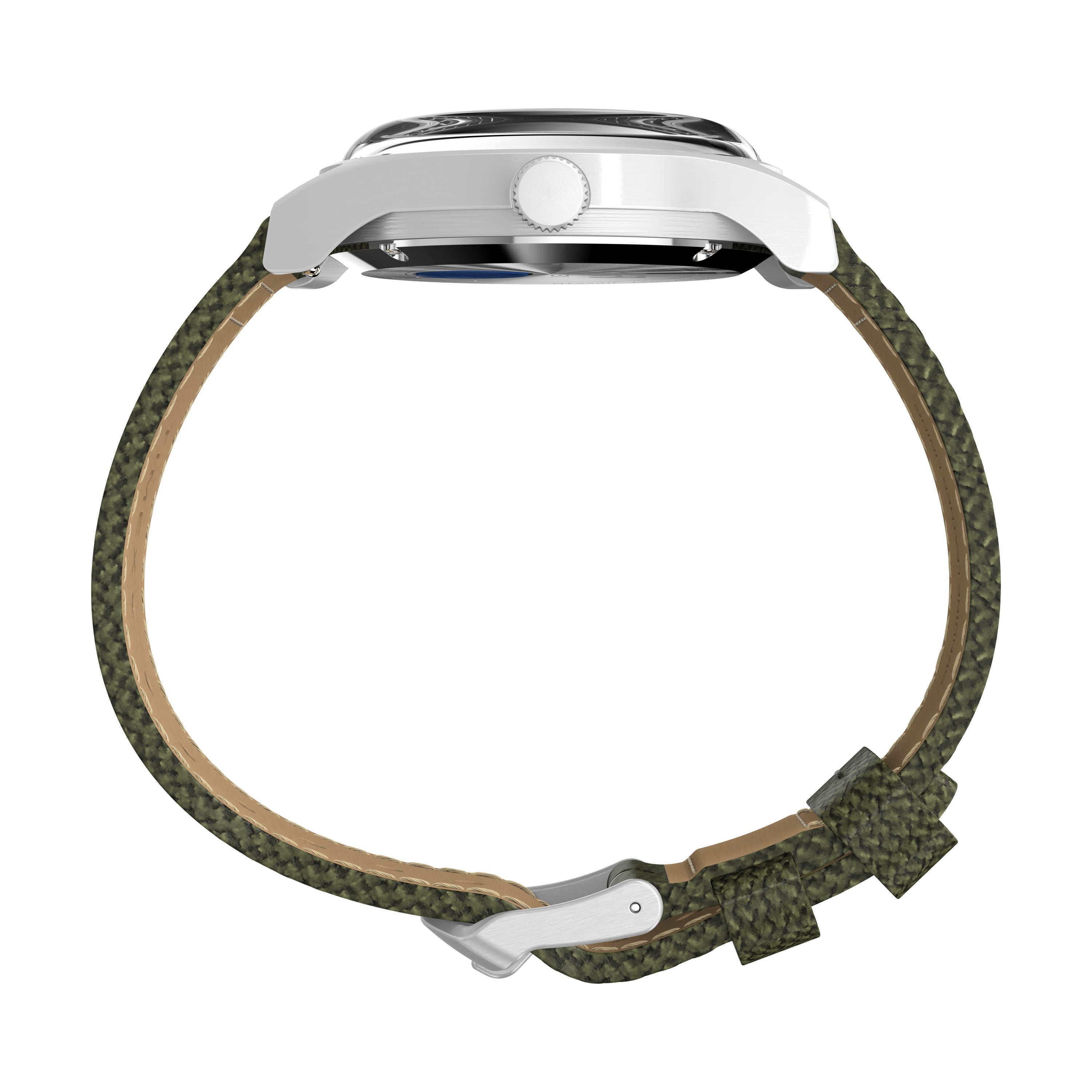 A side view of the Timex G SS AU SW MK1 40 BLK DL GRN STP 25 shows its stainless steel case, side crown, and green woven strap with buckle, highlighting the watch’s refined military style.