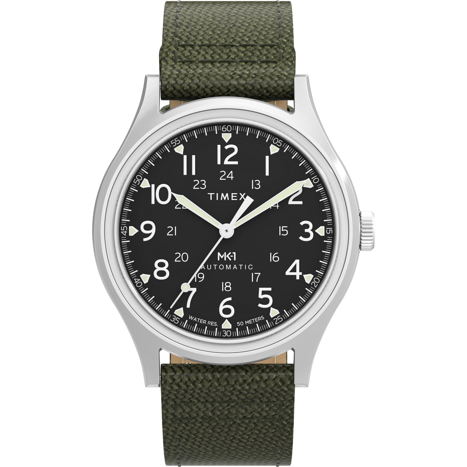 The Timex MK1® Automatic features a black dial with white numerals, silver case, and an olive green textured fabric strap. Its military-inspired design displays hours, minutes, and seconds with white hands.
