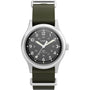 The Timex MK1® Hand-Wound watch features a black dial with white numerals, luminous hands, a silver case, olive green recycled fabric strap, hand-wound mechanical movement, and both 12- and 24-hour markers.