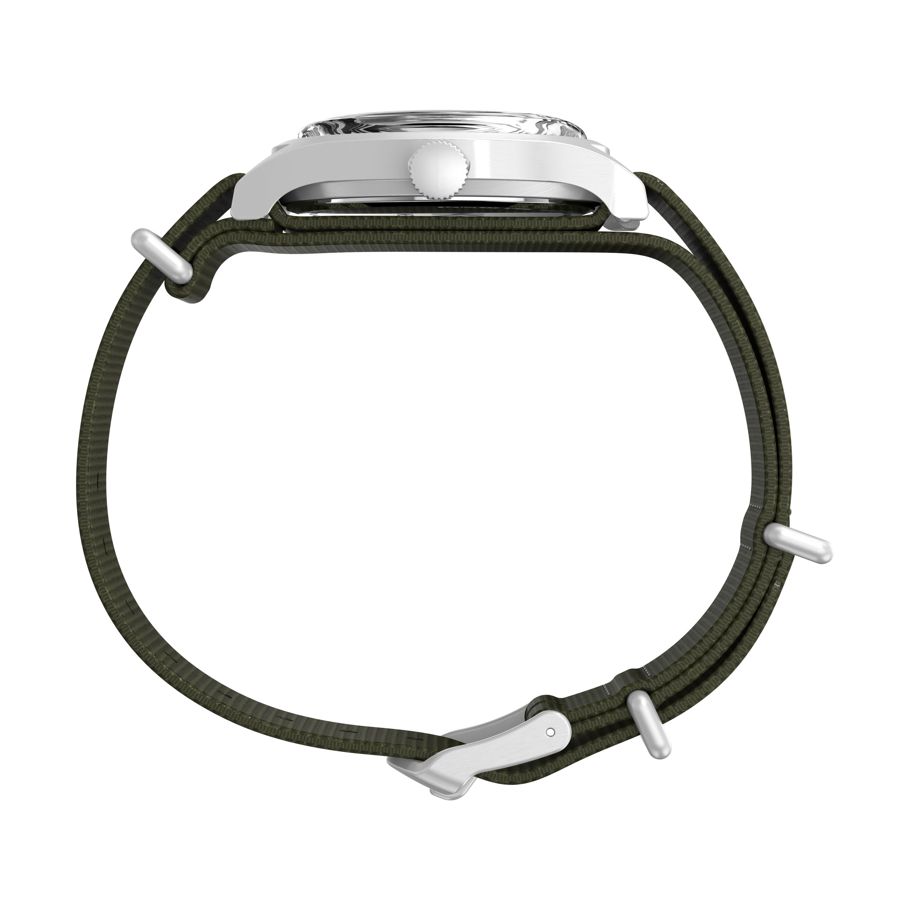 Side view of the Timex G SS MW SW MK1 36 BLK DL GRN STP 25 military-style watch, featuring a silver case and green recycled fabric strap with visible crown, buckle, and loops. The watch face is not shown.