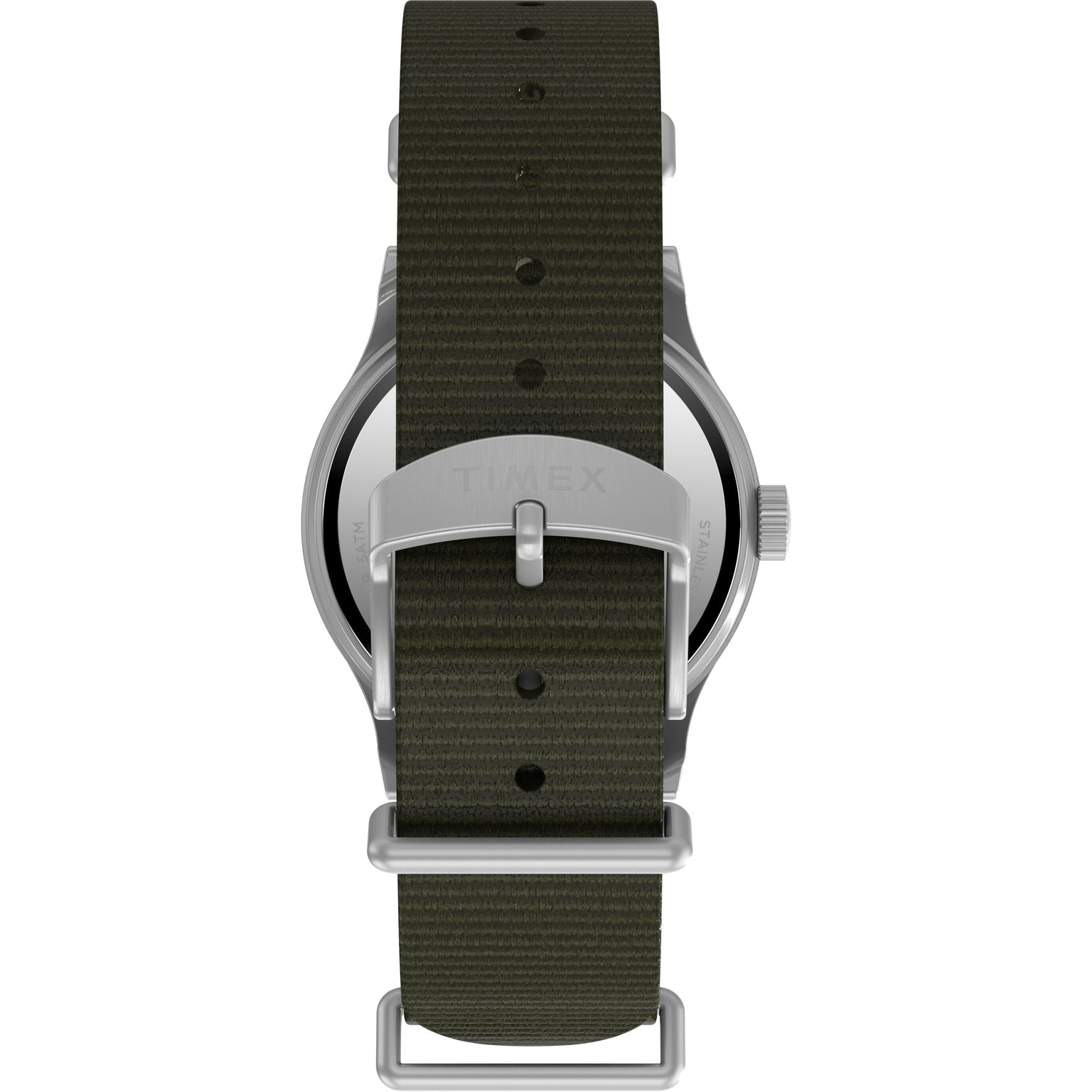 A close-up of the Timex G SS MW SW MK1 36 BLK DL GRN STP 25 shows its military-style back, dark green recycled fabric strap, and silver buckle engraved with the Timex brand name.
