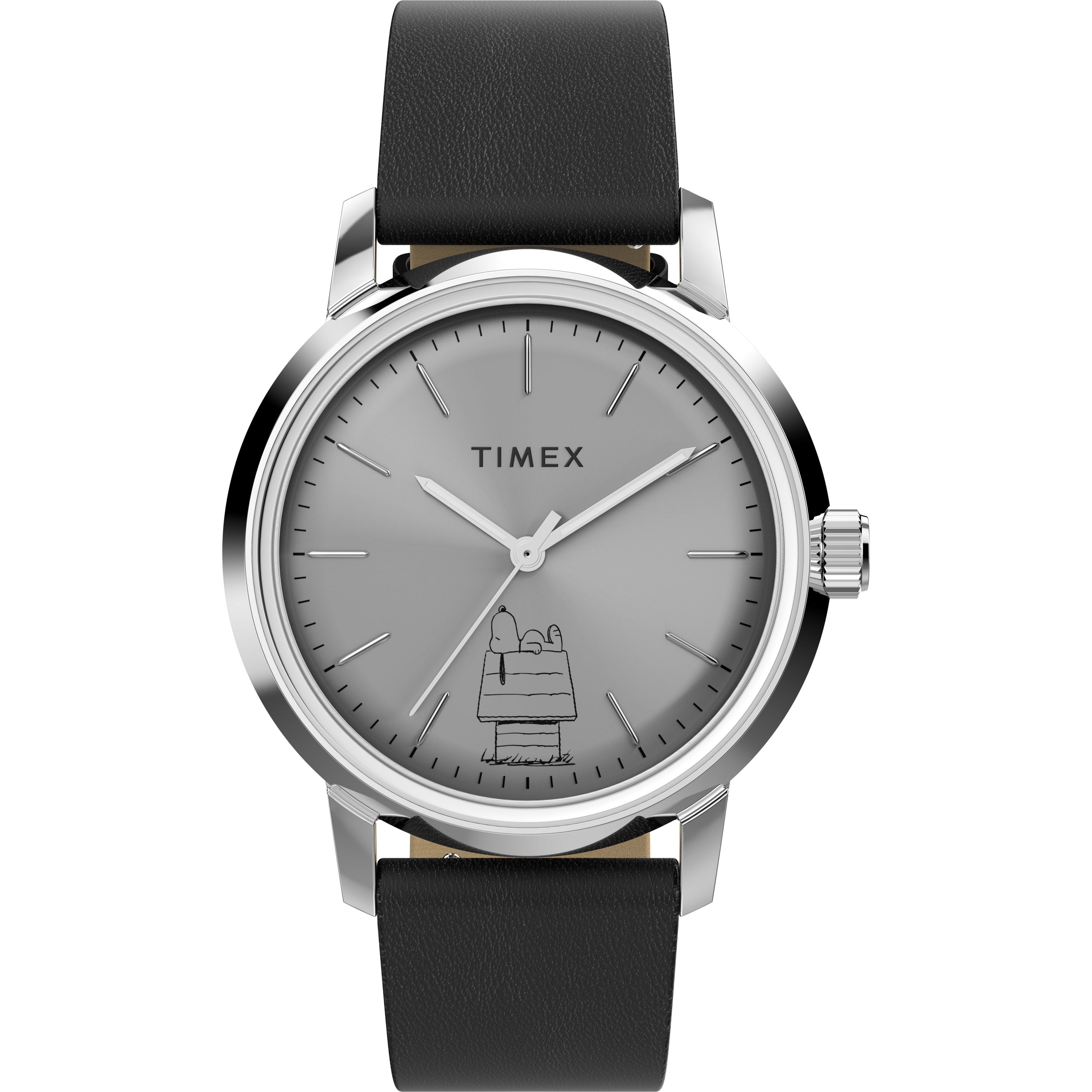 The Timex x Peanuts® Marlin® Automatic 75th Anniversary Edition is a silver watch with a black leather strap, minimalist hour markers, and Snoopy illustrated on his doghouse near the 6 o’clock position.