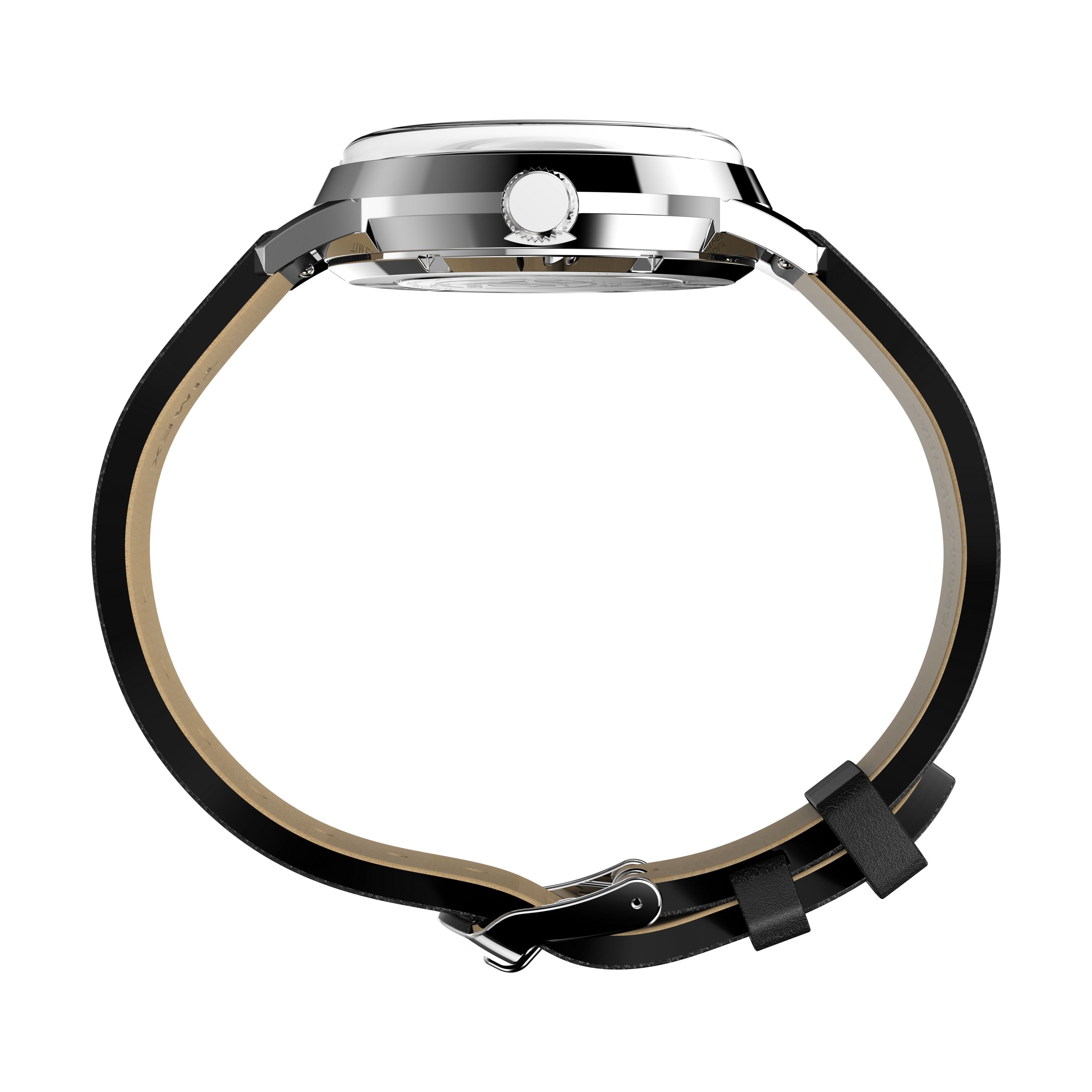 Side view of the Timex x Peanuts® Marlin® Automatic 75th Anniversary Edition by Timex, with a round silver case, black leather strap, and metal buckle, shown against a white background.