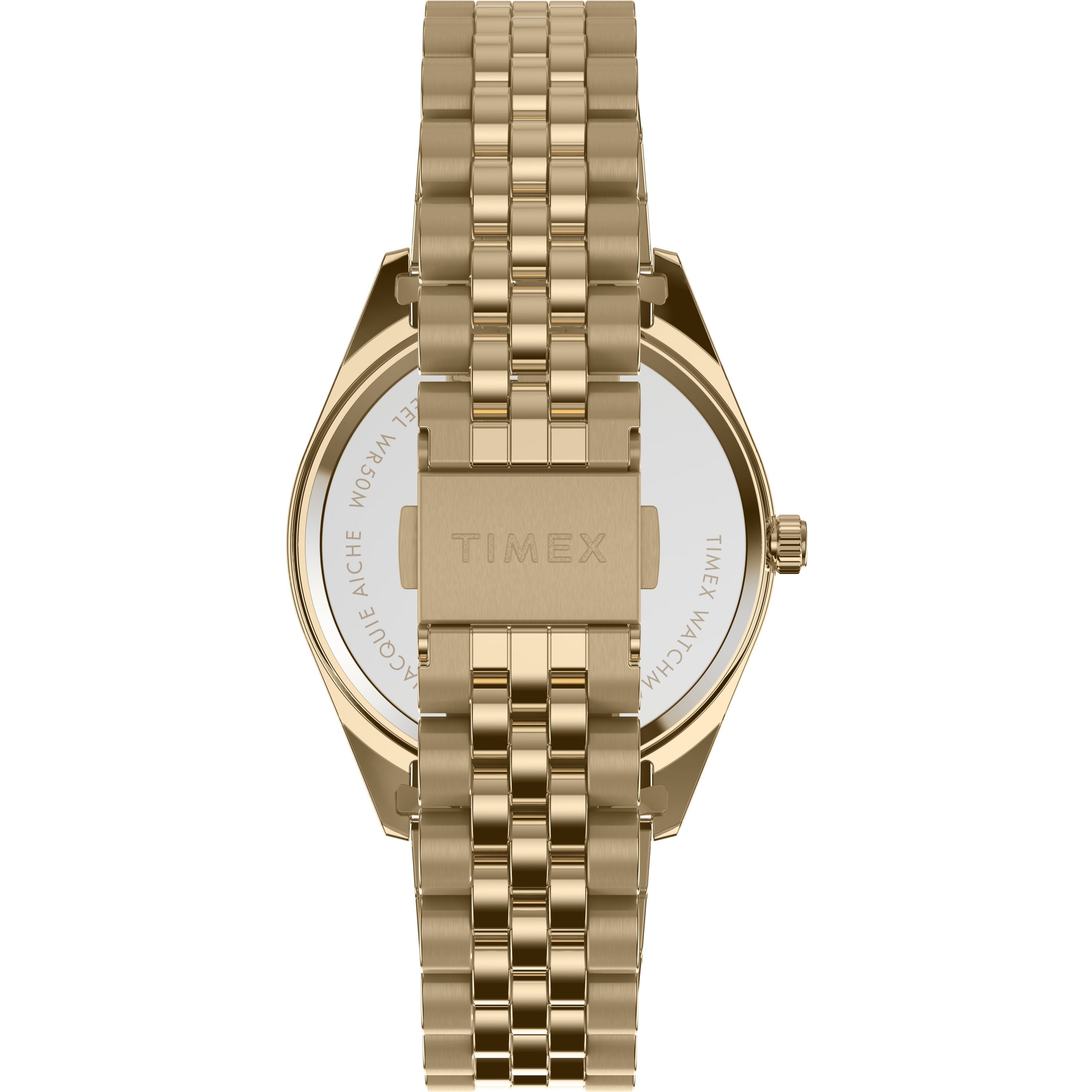 Timex x Jacquie Aiche wristwatch shown from the back, featuring a gold-tone metal link bracelet with a clasp engraved with the Timex logo and a partially visible case back for added elegance.