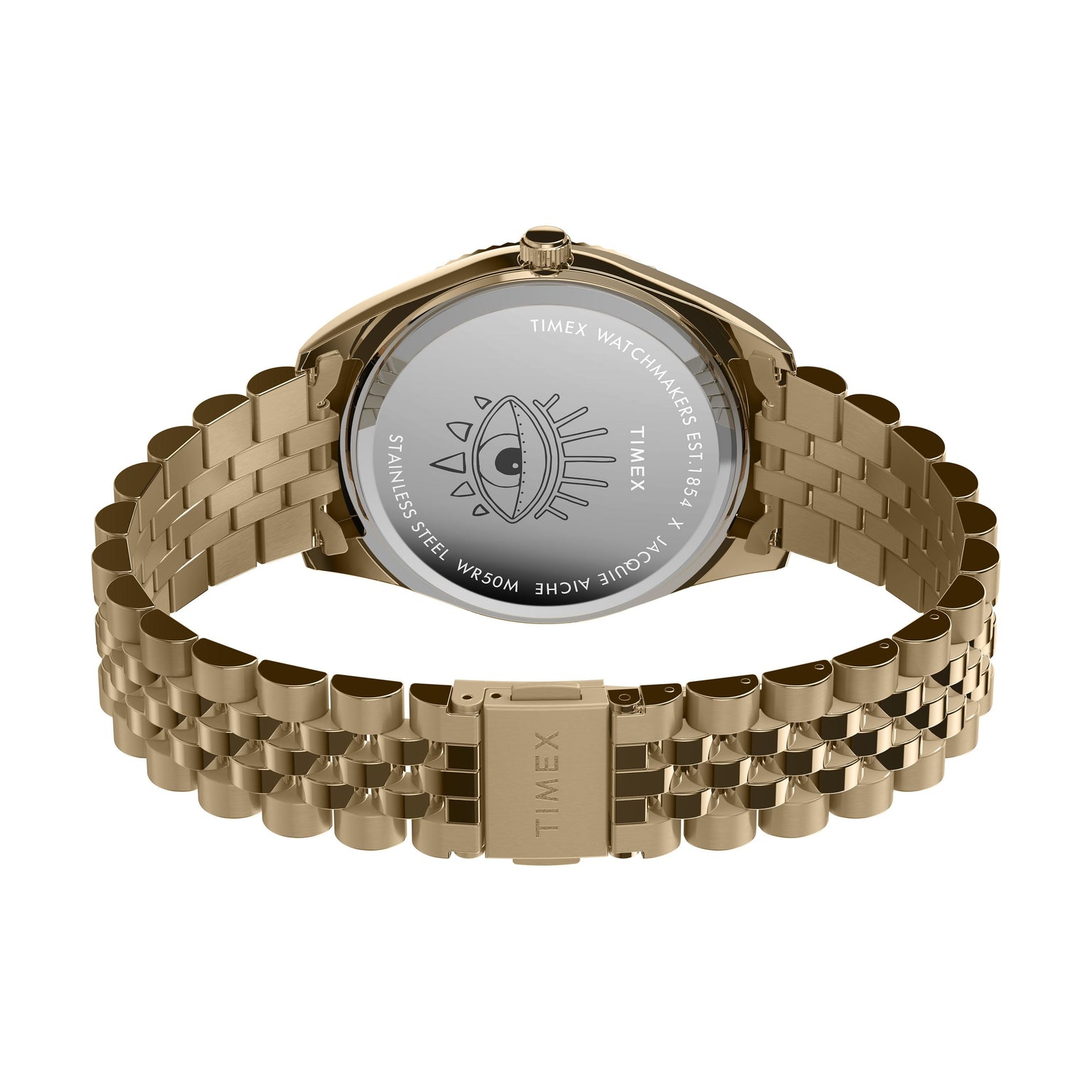 Back view of the Timex x Jacquie Aiche wristwatch reveals an engraved eye on the case back with brand details, water resistance, and materials. The gold metal bracelet is partly open, highlighting the unique artistry of this Timex timepiece.